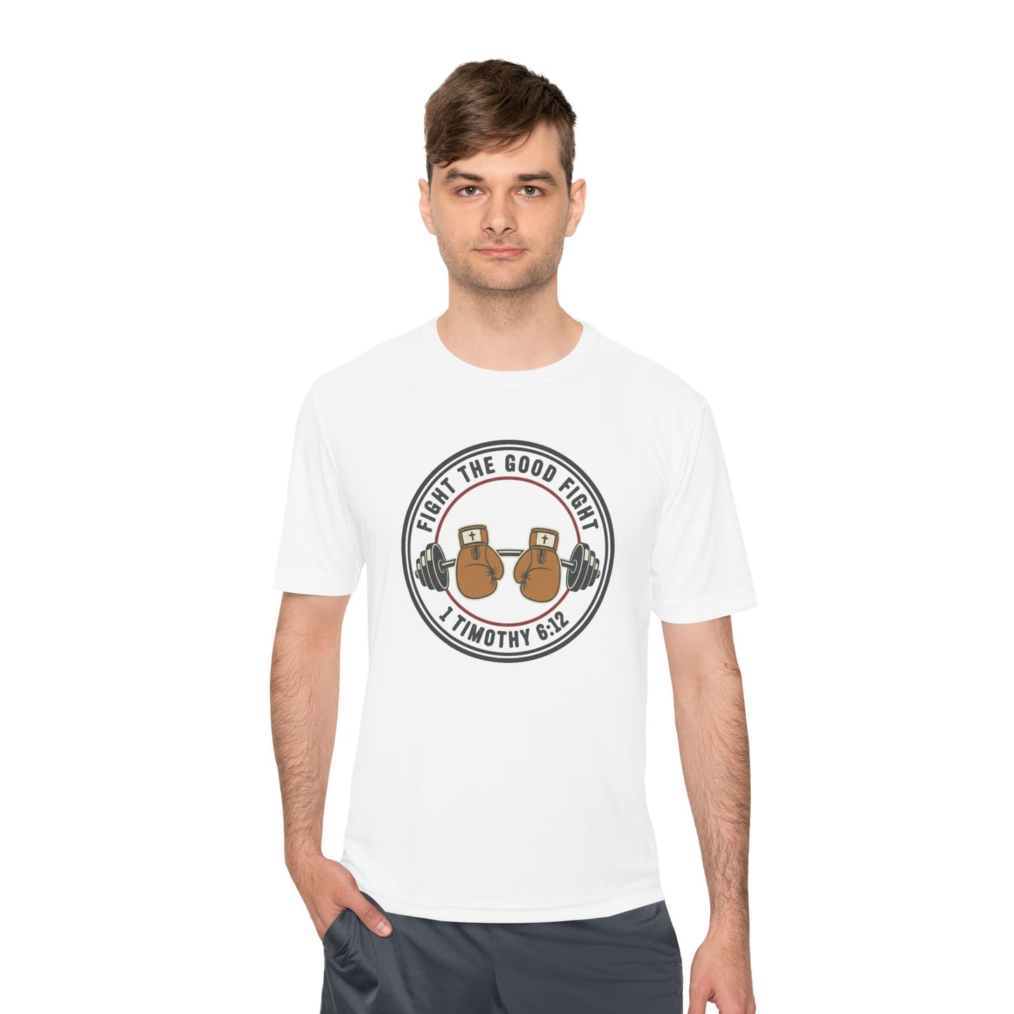 1 Timothy 6:12 'Fight the Good Fight' Moisture-Wicking Workout Tee