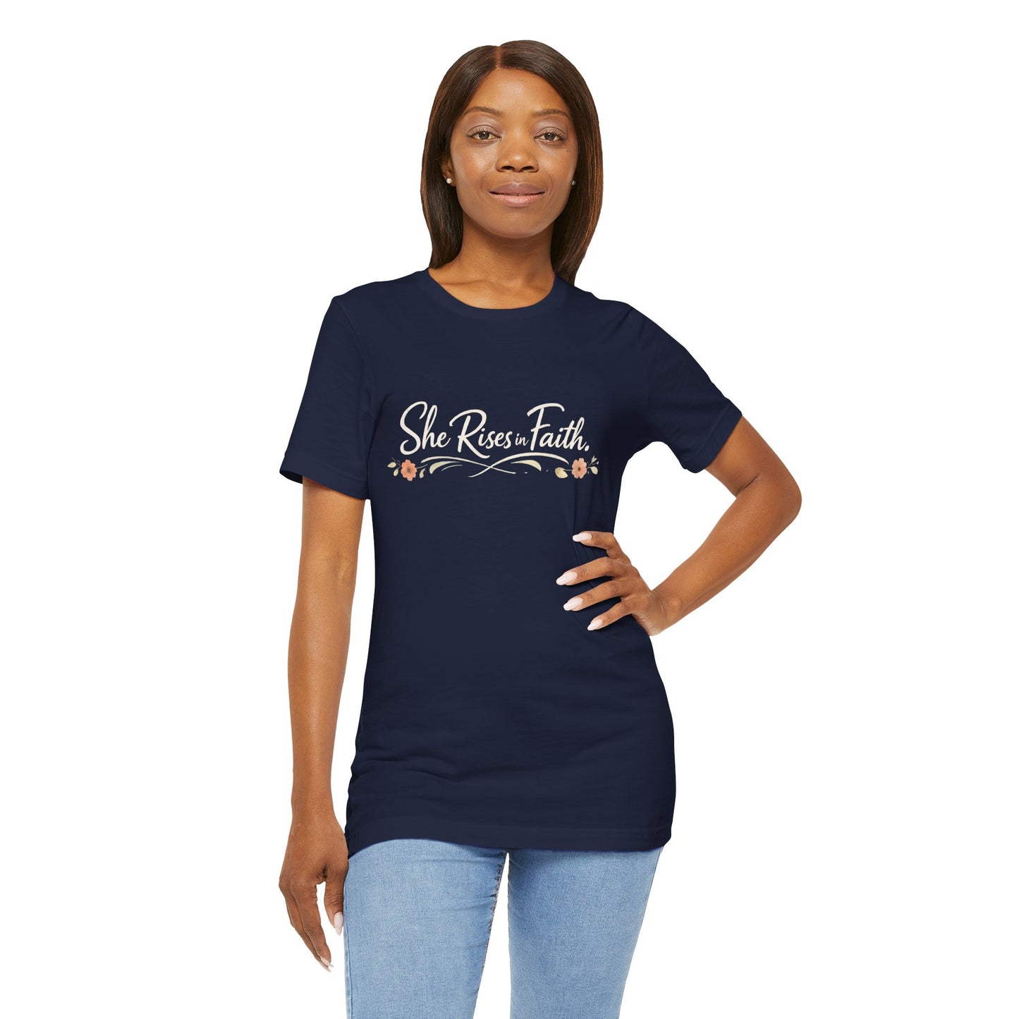 "She Rises In Faith" Chest Tee – Delicate Peach Blossom Graphic