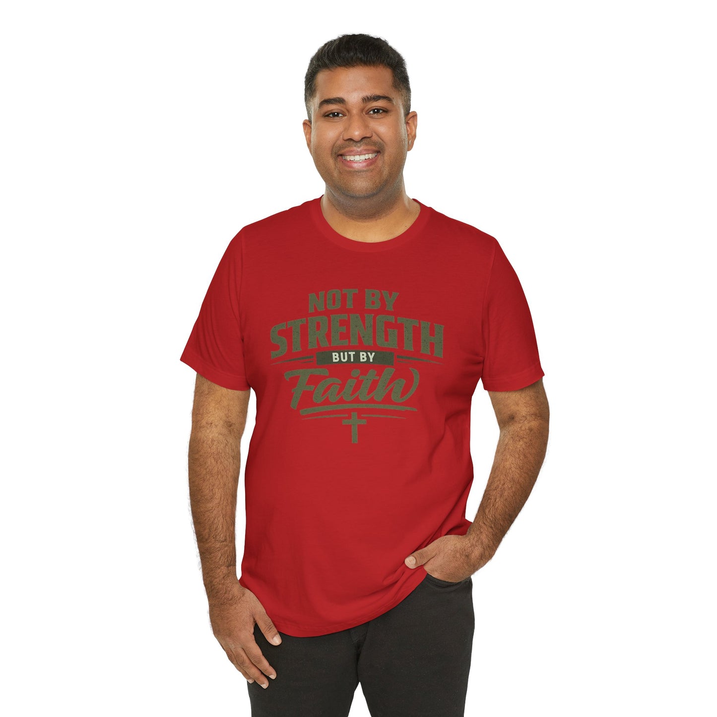 Faith Graphic Tee — "Not By Strength But By Faith" Christian T-Shirt