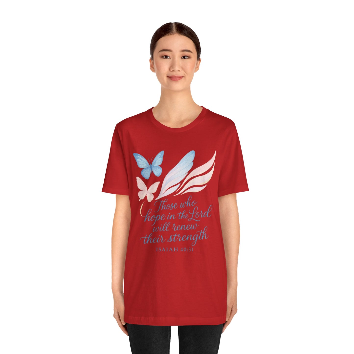 Inspirational Scripture T-Shirt – "Those Who Hope in the Lord" Isaiah 40:31, Pastel Butterflies