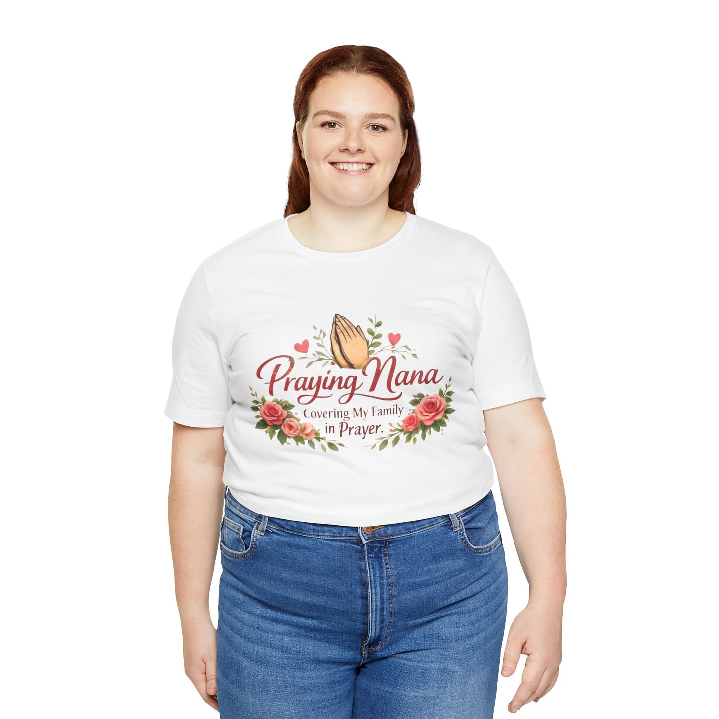 Praying Nana T-Shirt – Floral Praying Hands "Covering My Family in Prayer" Grandma Gift