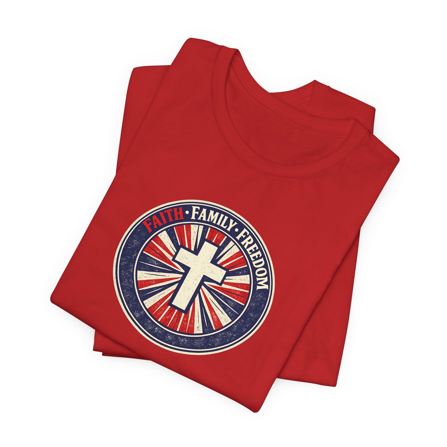 Faith Family Freedom T‑Shirt — Cross Emblem Patriotic Graphic Tee