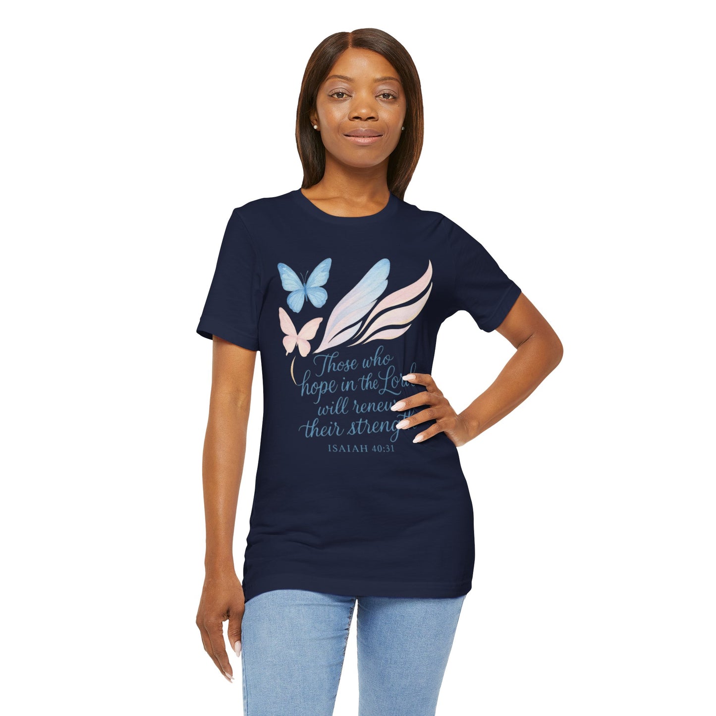 Inspirational Scripture T-Shirt – "Those Who Hope in the Lord" Isaiah 40:31, Pastel Butterflies