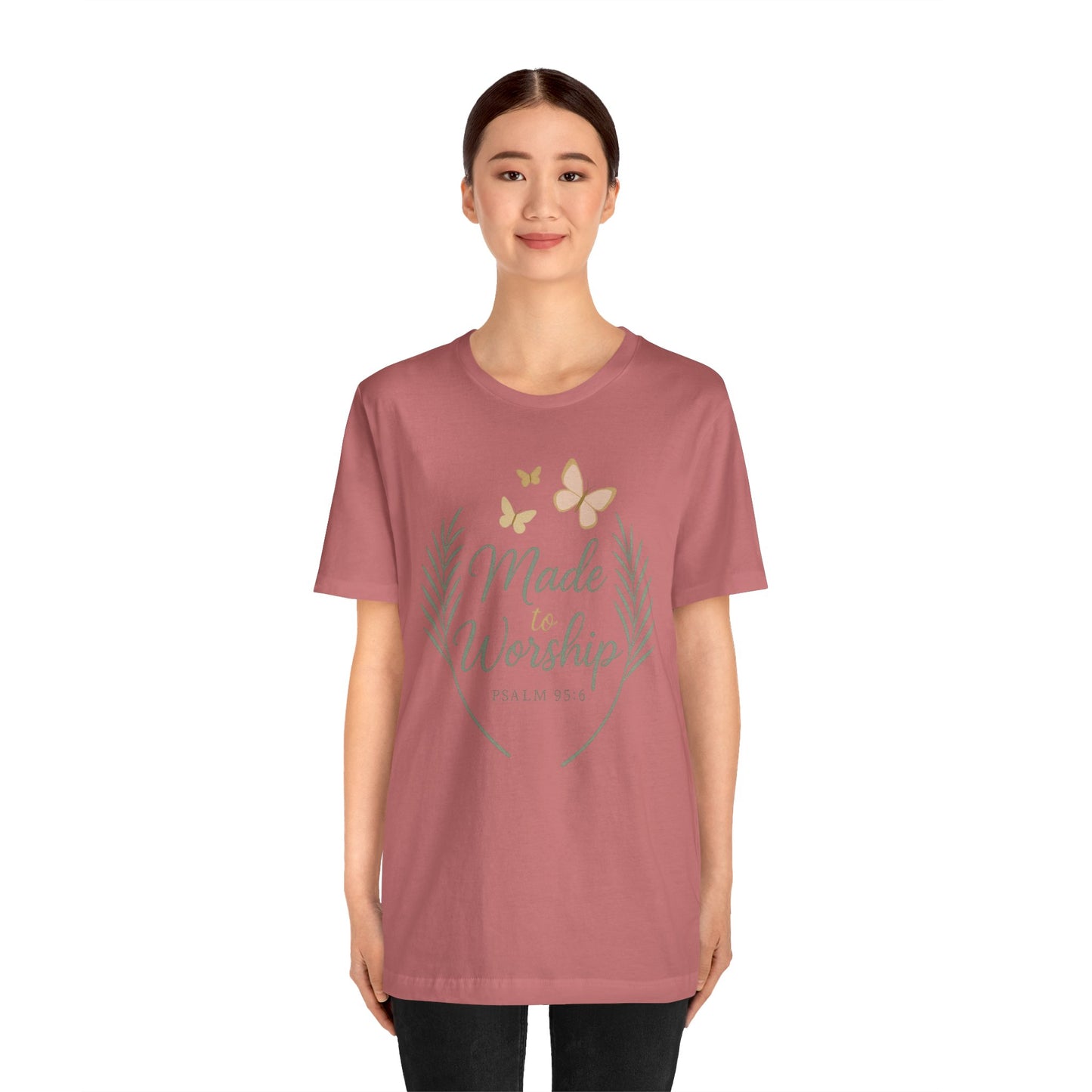 Made to Worship T-Shirt – Psalm 95:6 Christian Faith Tee with Butterflies
