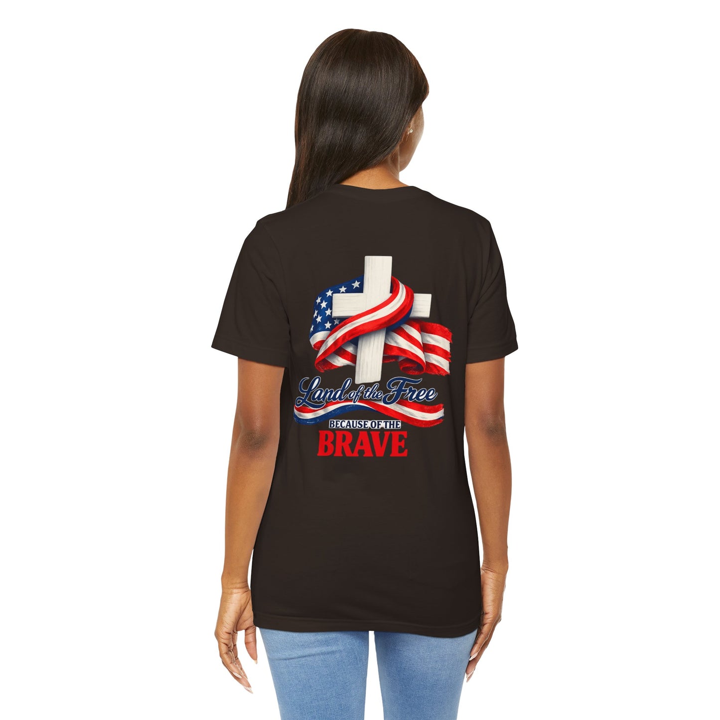 Land of the Free Because of the Brave Tee - Patriotic American Flag Cross T-Shirt