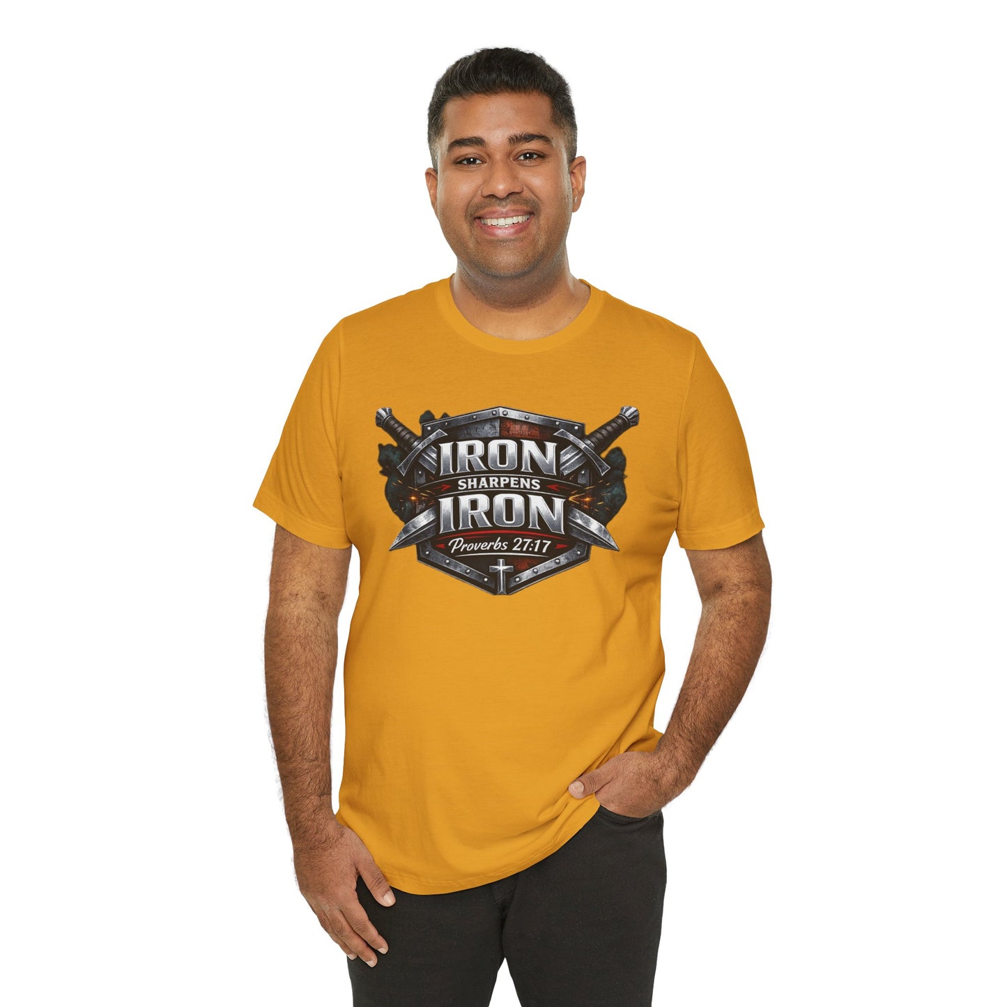 Iron Sharpens Iron T-Shirt — Faith-Based Proverbs 27:17 Graphic Tee