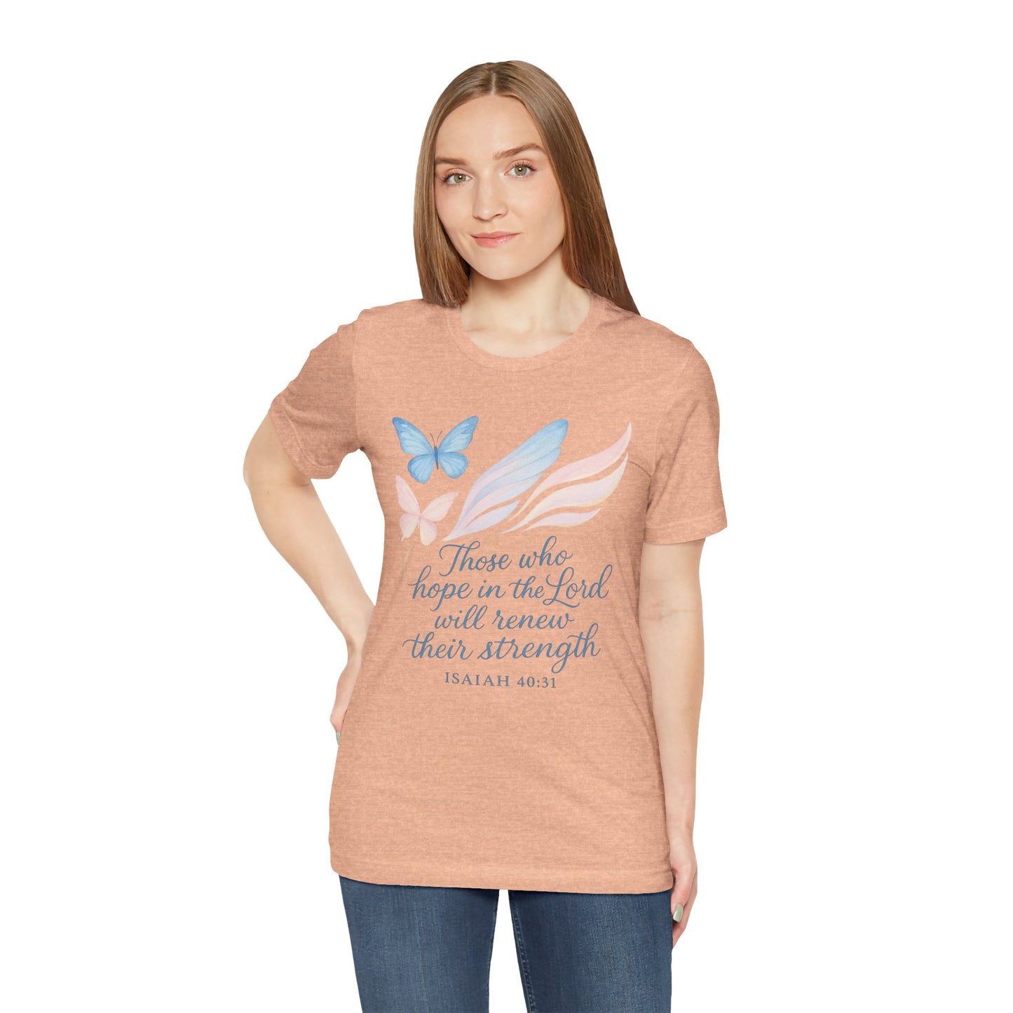 Inspirational Scripture T-Shirt – "Those Who Hope in the Lord" Isaiah 40:31, Pastel Butterflies