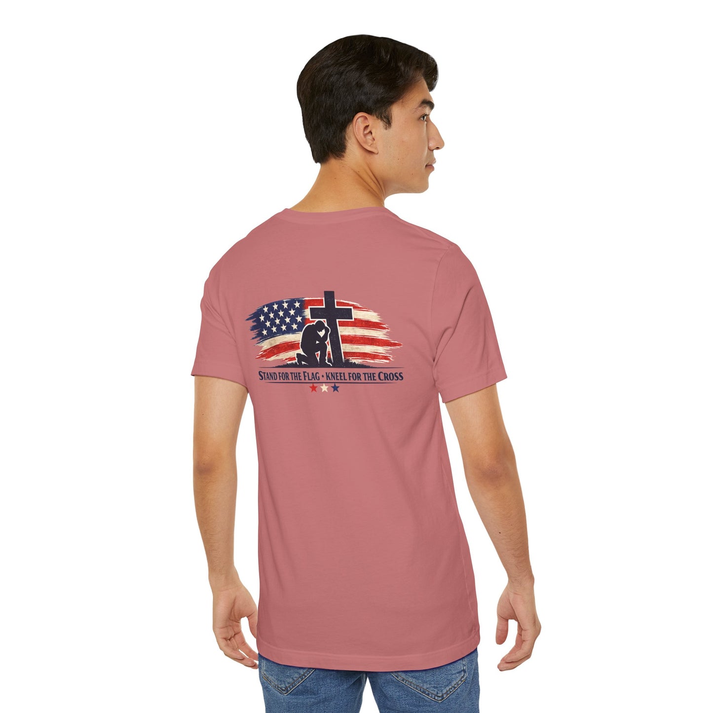 Patriotic Cross Tee – "Stand for the Flag, Kneel for the Cross" Short Sleeve T-Shirt