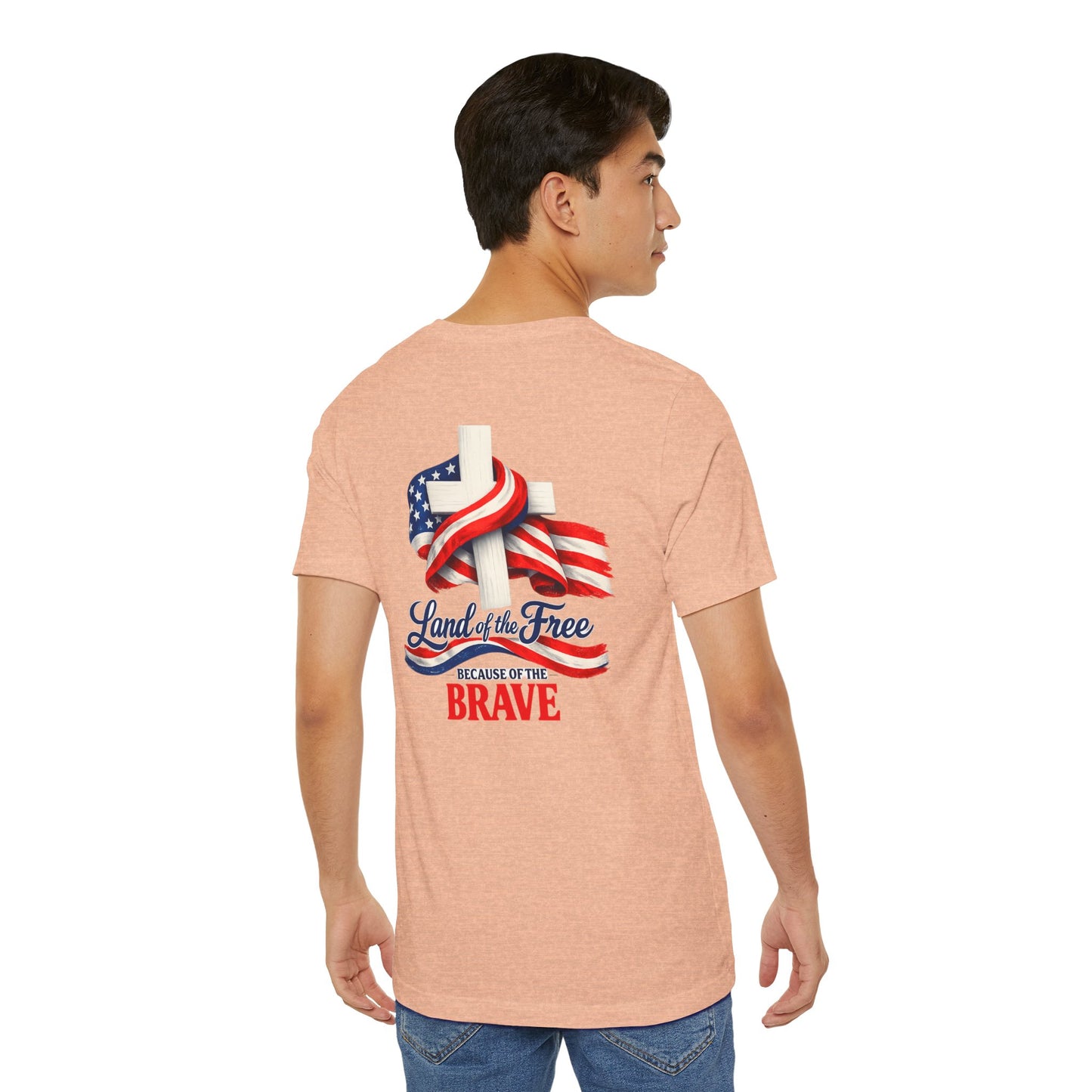 Land of the Free Because of the Brave Tee - Patriotic American Flag Cross T-Shirt