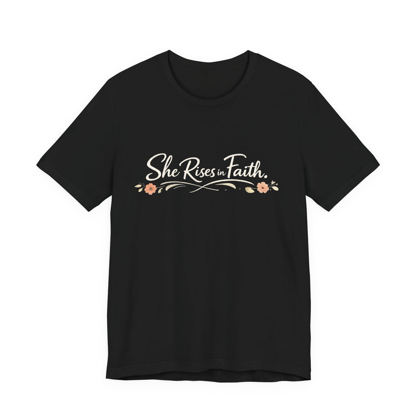 "She Rises In Faith" Chest Tee – Delicate Peach Blossom Graphic