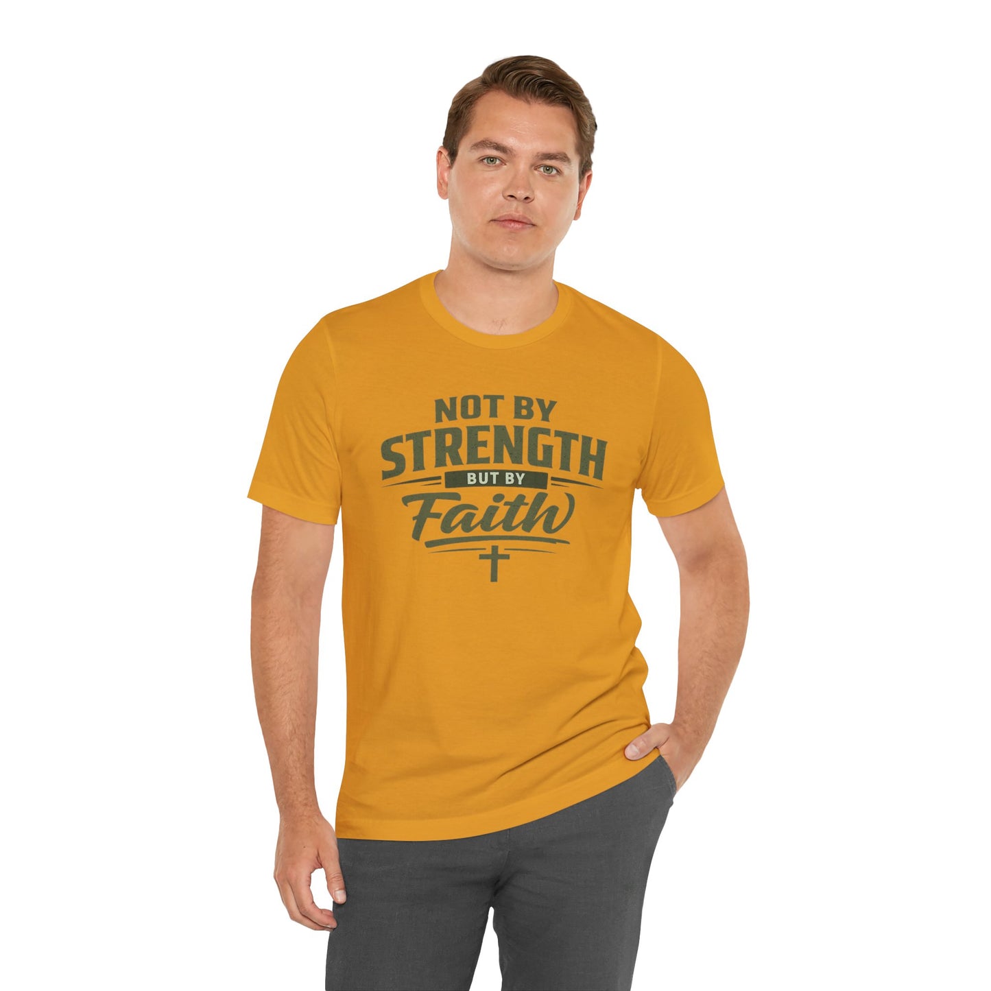 Faith Graphic Tee — "Not By Strength But By Faith" Christian T-Shirt
