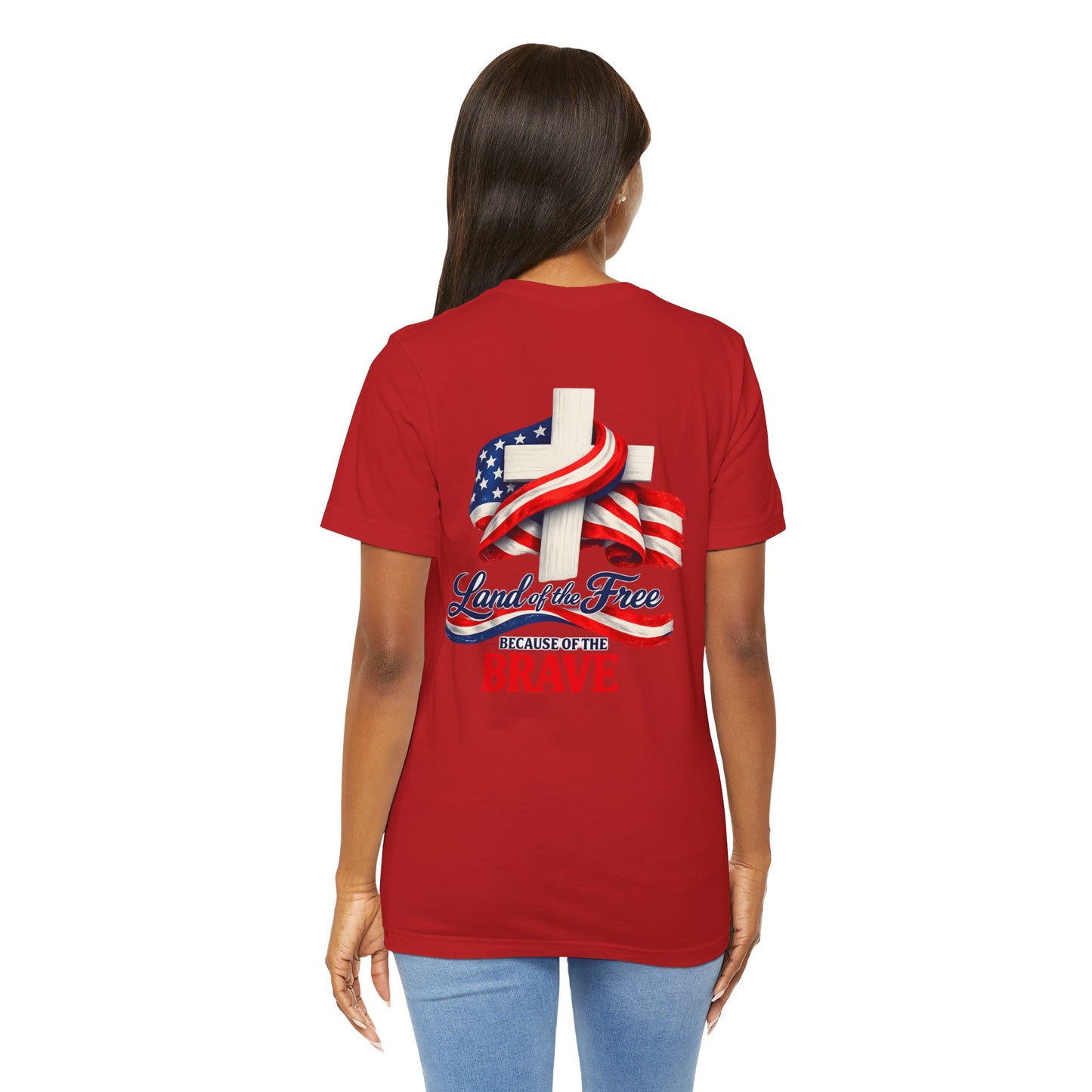 Land of the Free Because of the Brave Tee - Patriotic American Flag Cross T-Shirt