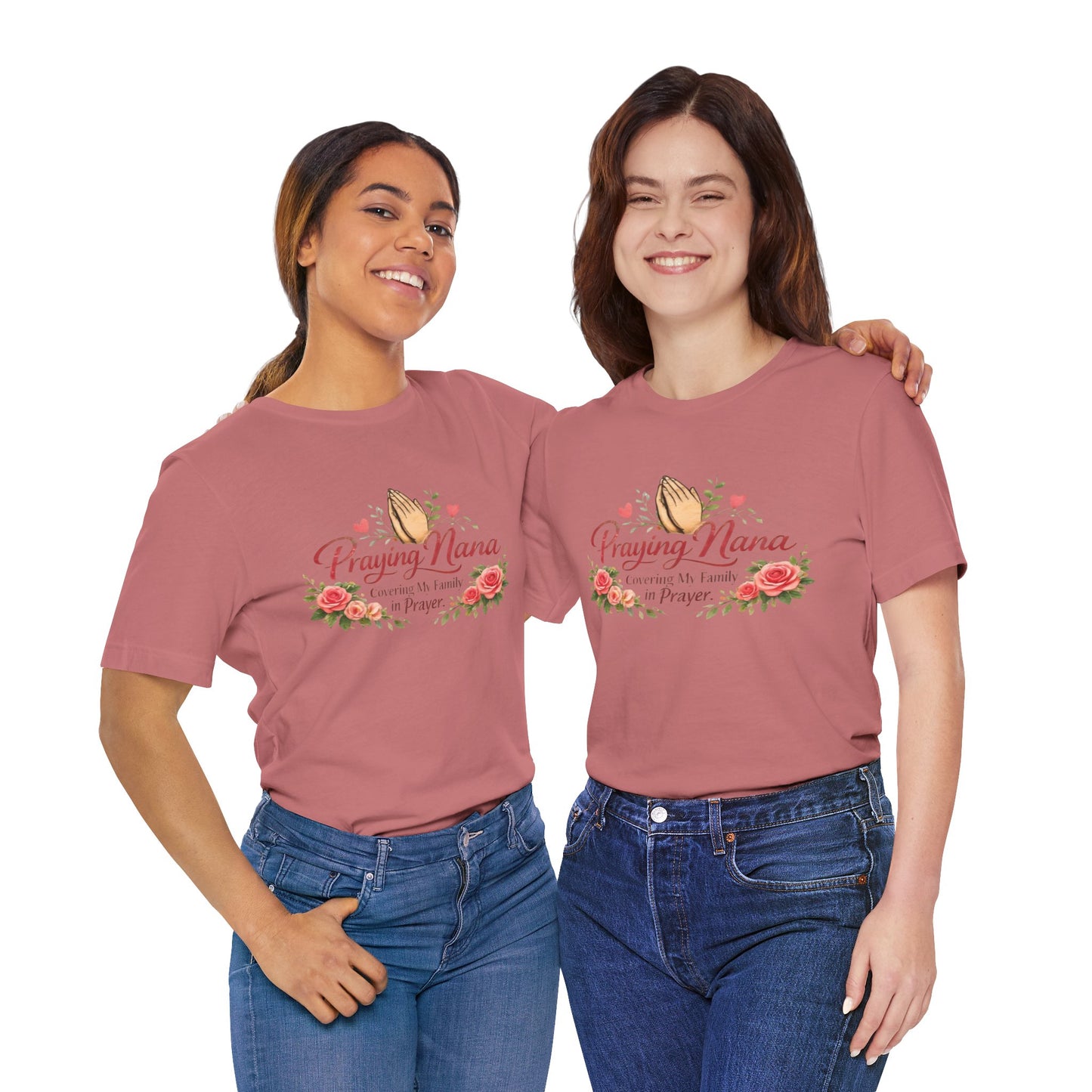 Praying Nana T-Shirt – Floral Praying Hands "Covering My Family in Prayer" Grandma Gift