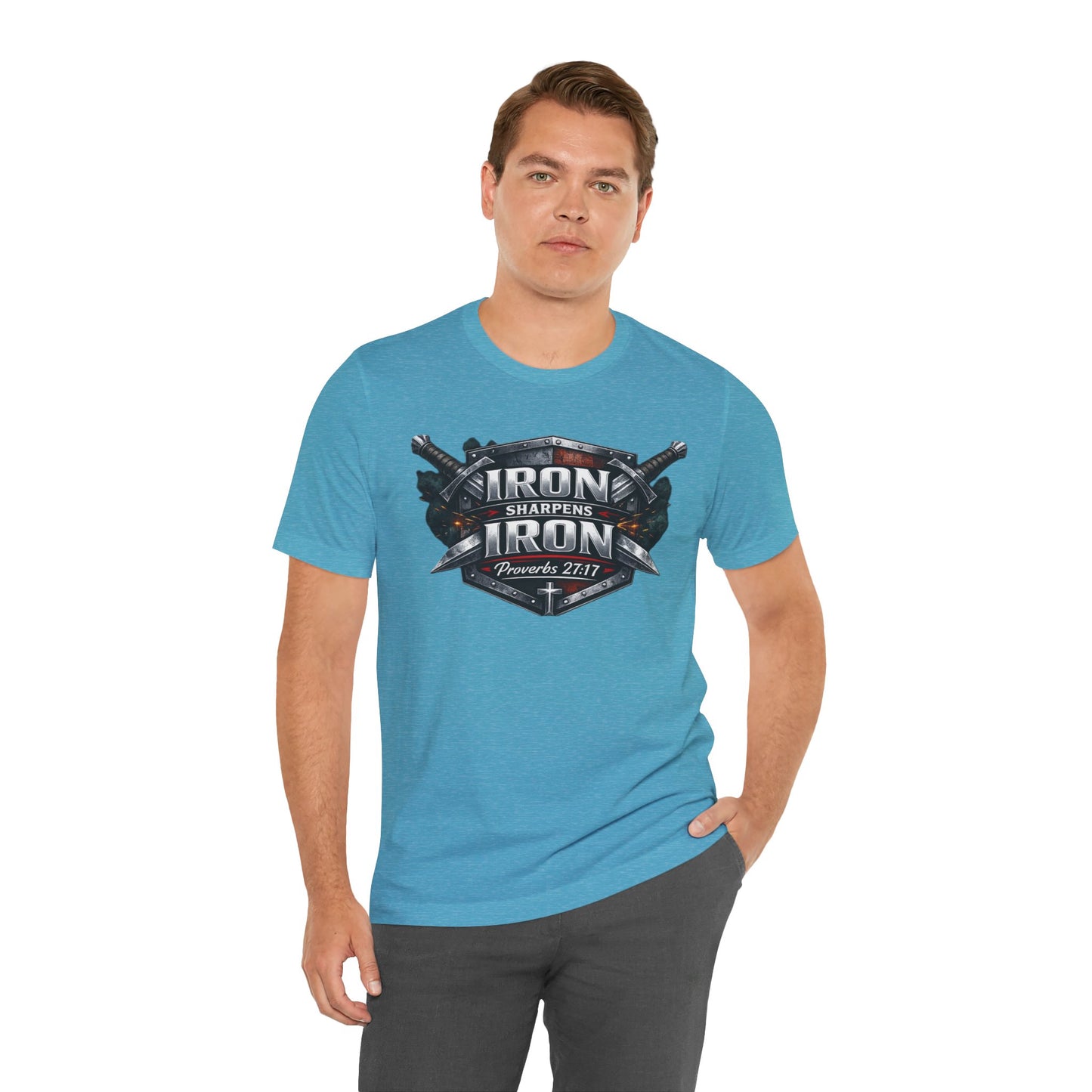 Iron Sharpens Iron T-Shirt — Faith-Based Proverbs 27:17 Graphic Tee