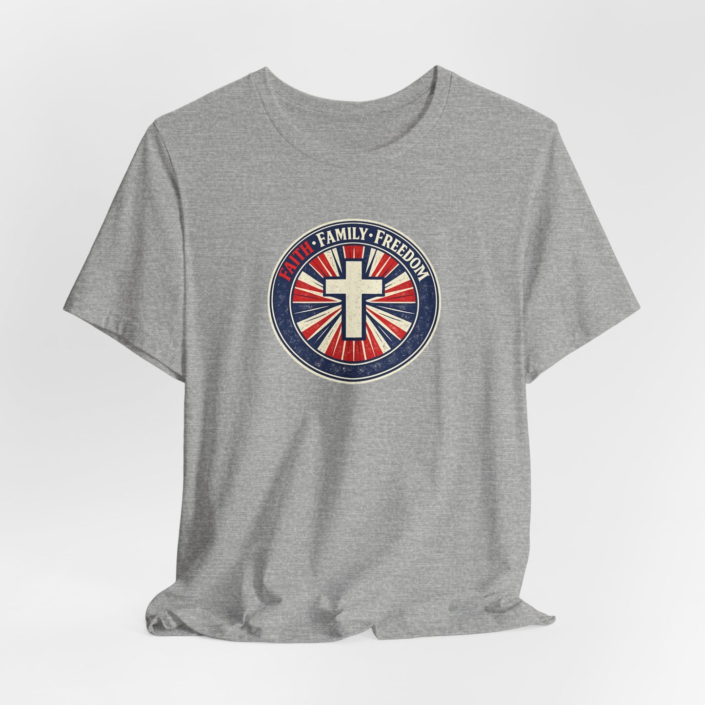 Faith Family Freedom T‑Shirt — Cross Emblem Patriotic Graphic Tee