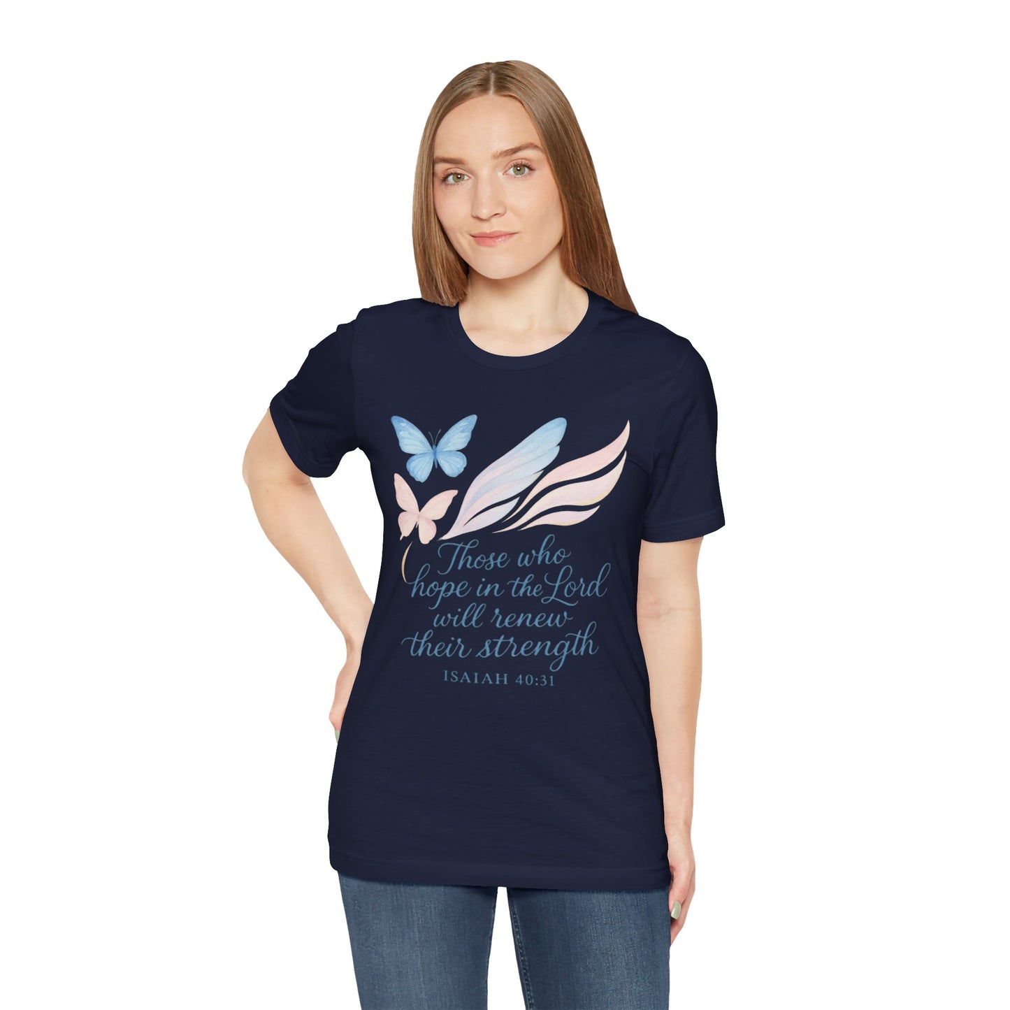 Inspirational Scripture T-Shirt – "Those Who Hope in the Lord" Isaiah 40:31, Pastel Butterflies