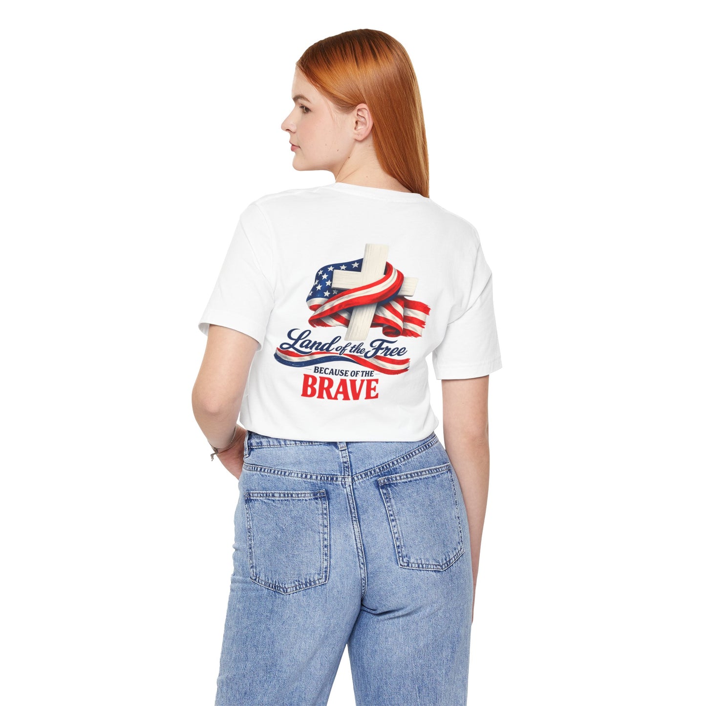 Land of the Free Because of the Brave Tee - Patriotic American Flag Cross T-Shirt