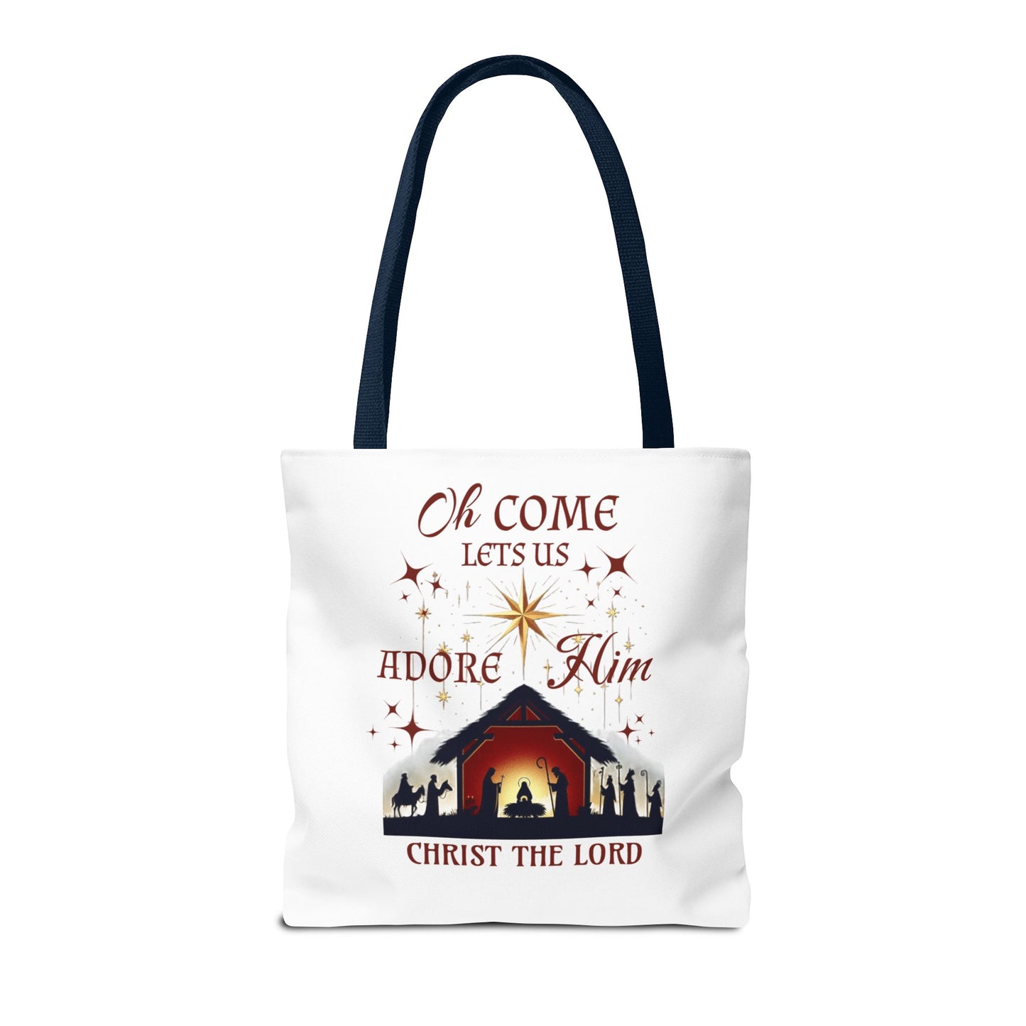 Nativity Scene Tote Bag with 'Oh come let us adore Him, Christ the Lord' Phrase
