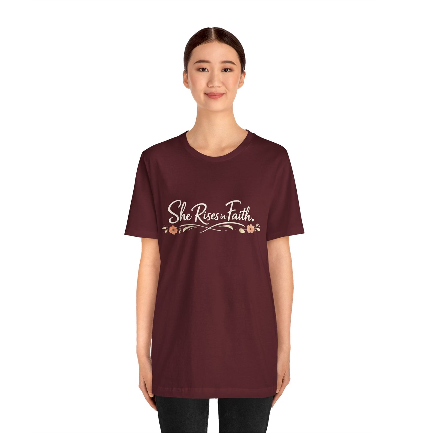 "She Rises In Faith" Chest Tee – Delicate Peach Blossom Graphic