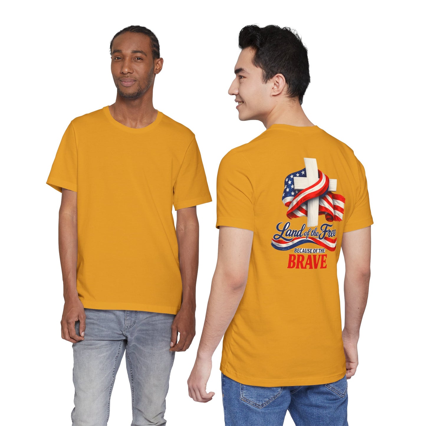 Land of the Free Because of the Brave Tee - Patriotic American Flag Cross T-Shirt