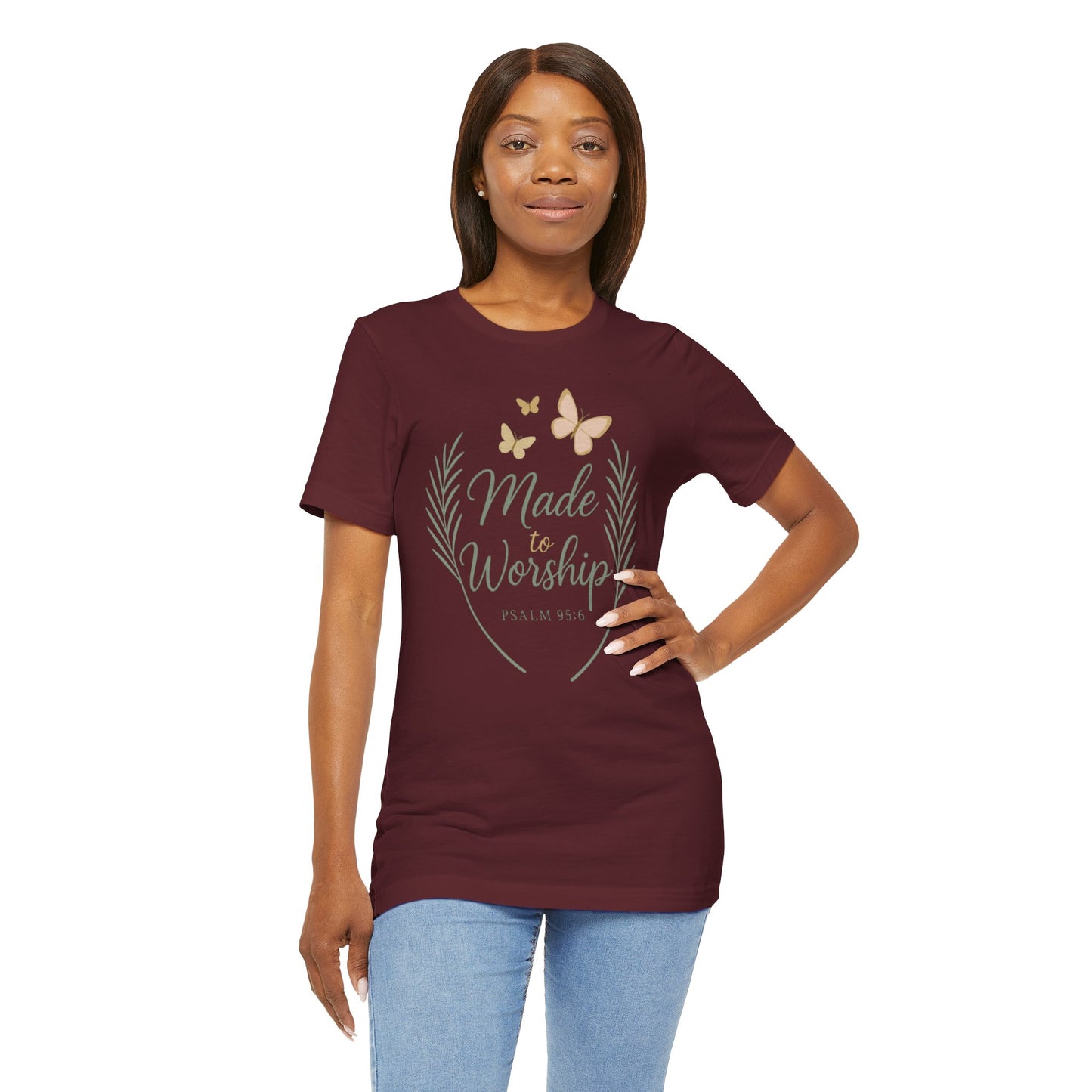 Made to Worship T-Shirt – Psalm 95:6 Christian Faith Tee with Butterflies