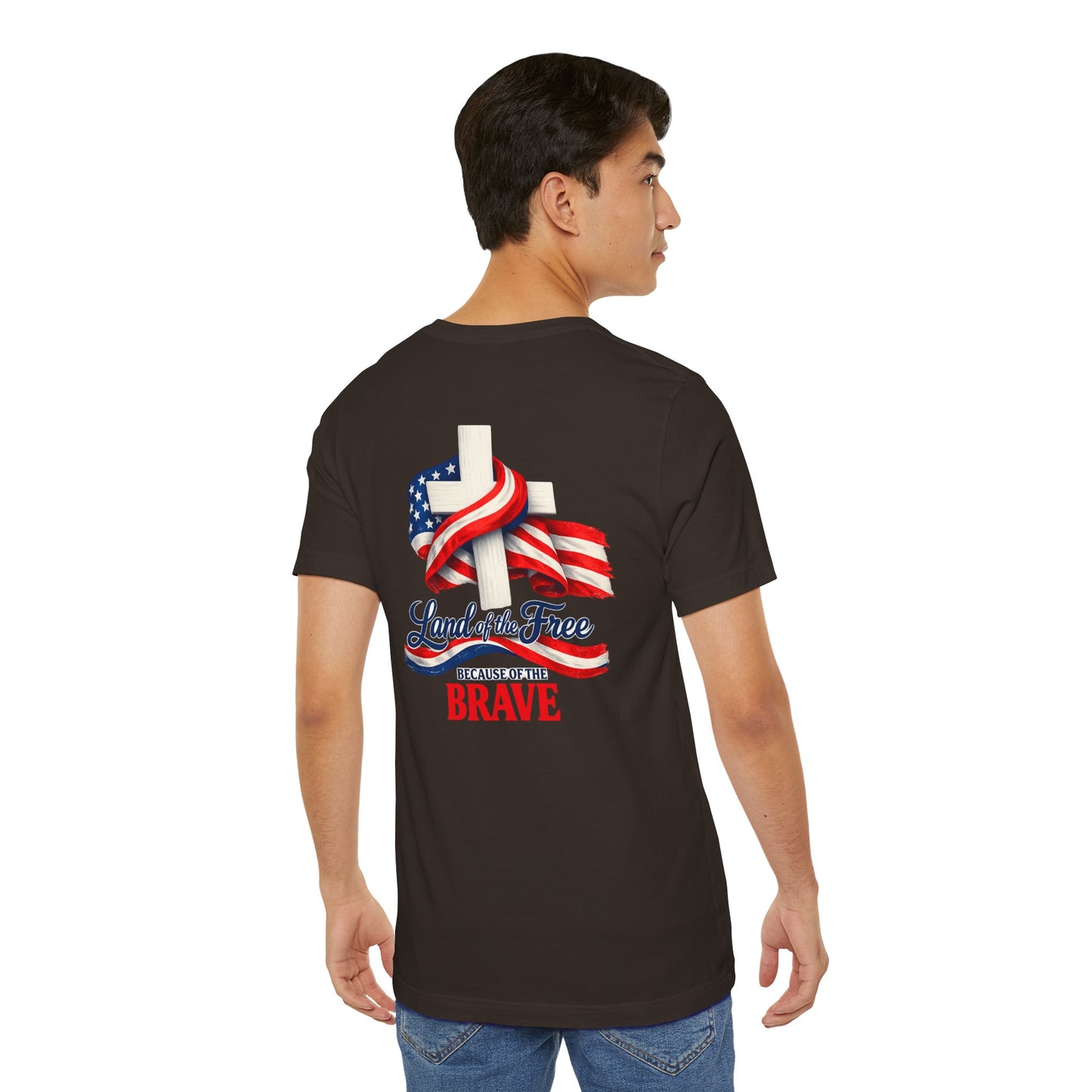 Land of the Free Because of the Brave Tee - Patriotic American Flag Cross T-Shirt