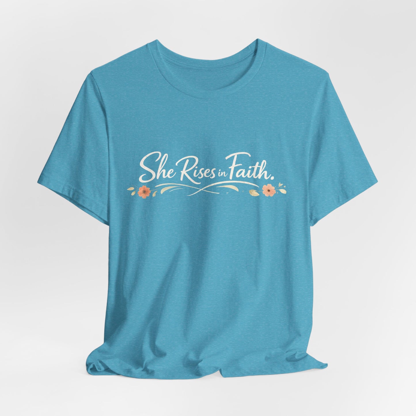 "She Rises In Faith" Chest Tee – Delicate Peach Blossom Graphic