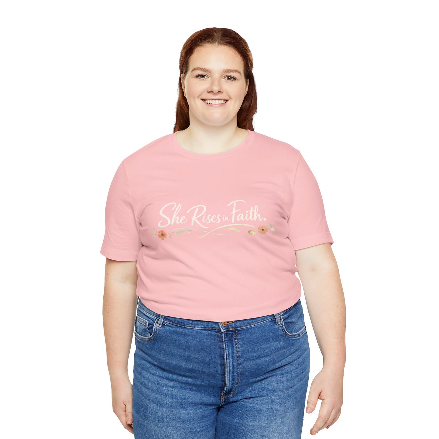 "She Rises In Faith" Chest Tee – Delicate Peach Blossom Graphic