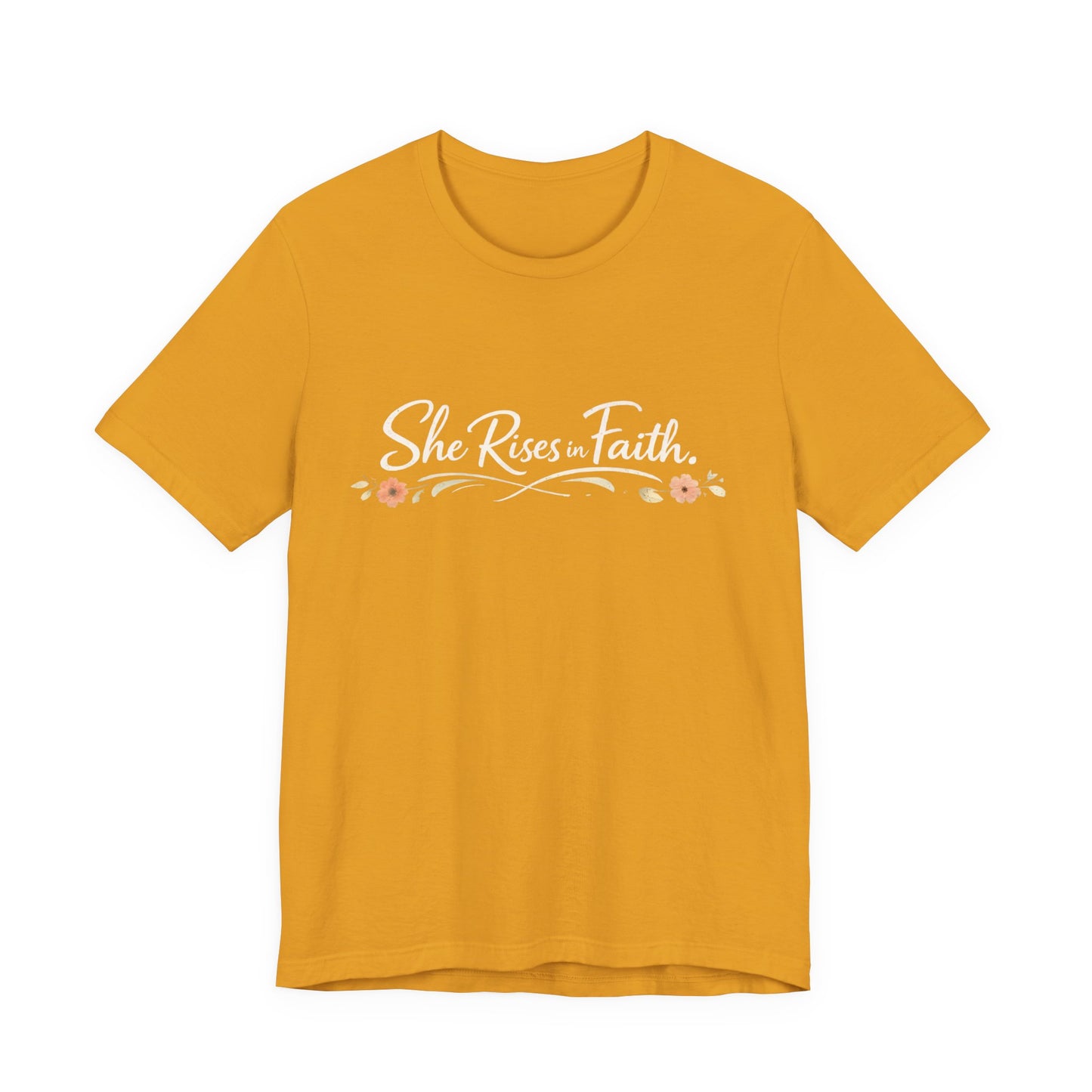"She Rises In Faith" Chest Tee – Delicate Peach Blossom Graphic