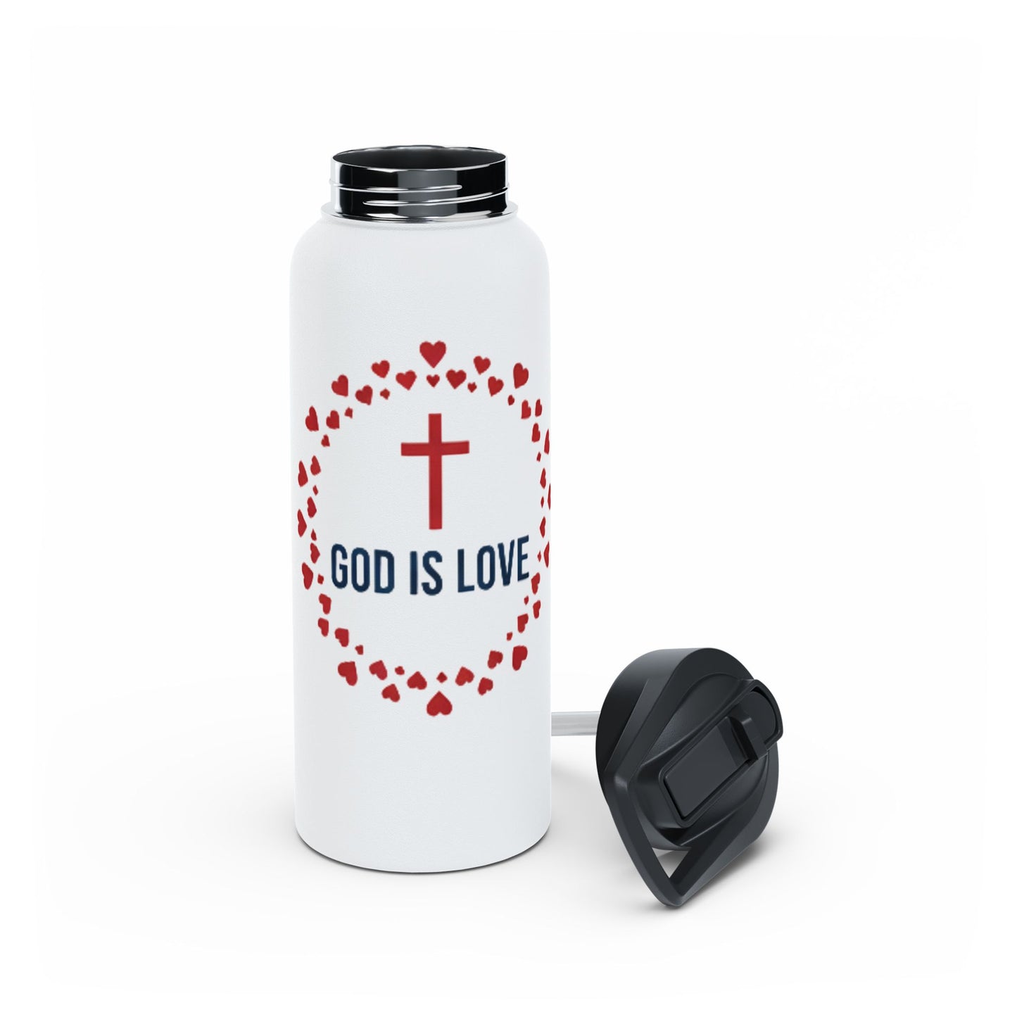 God Is Love Stainless Steel Water Bottle — Christian Cross Heart Design