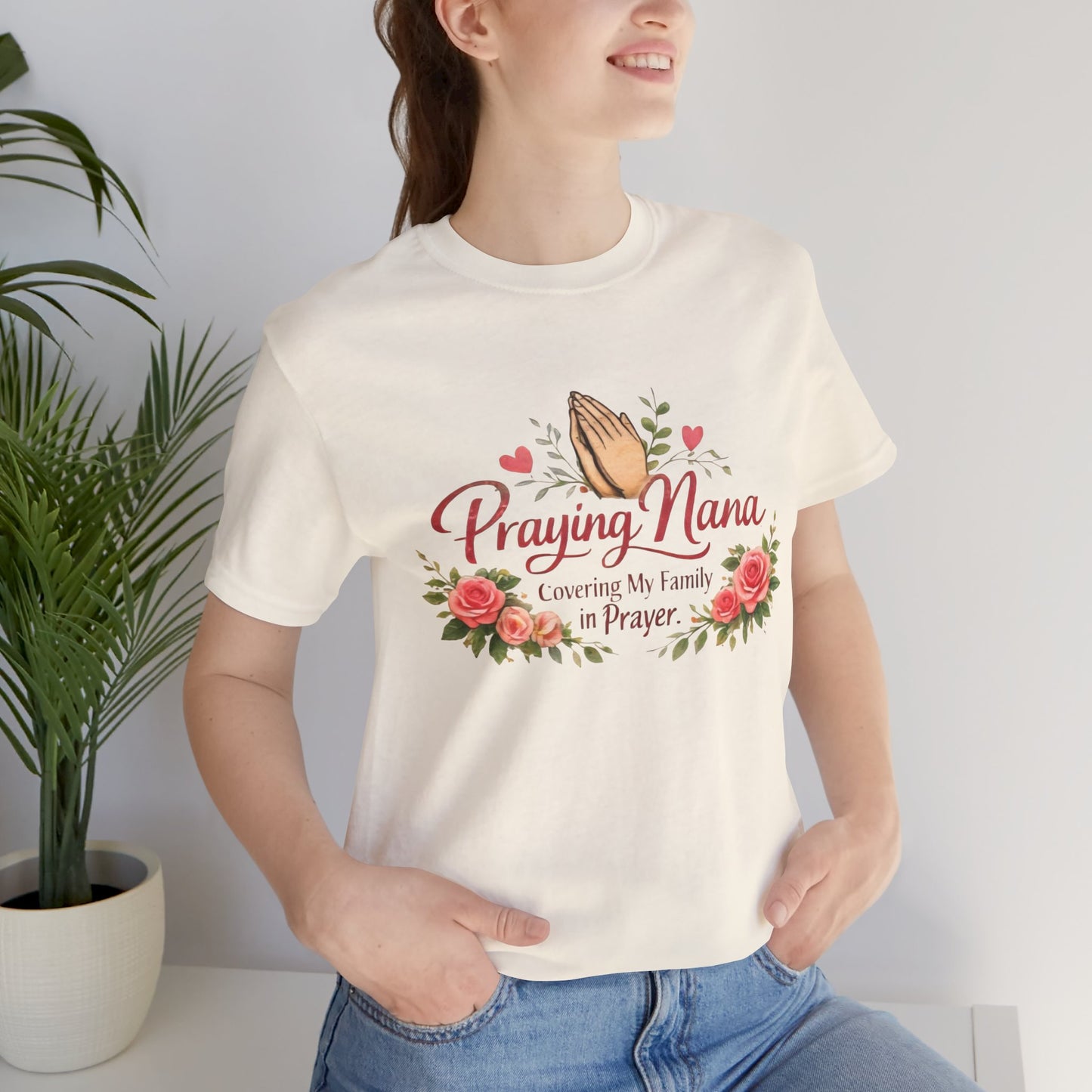 Praying Nana T-Shirt – Floral Praying Hands "Covering My Family in Prayer" Grandma Gift
