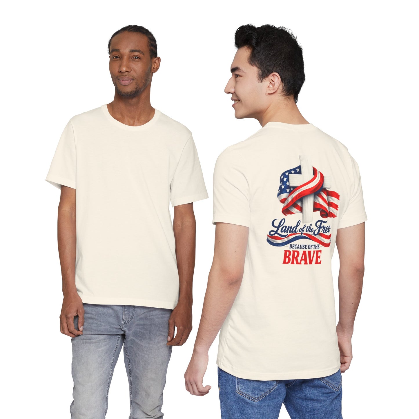 Land of the Free Because of the Brave Tee - Patriotic American Flag Cross T-Shirt
