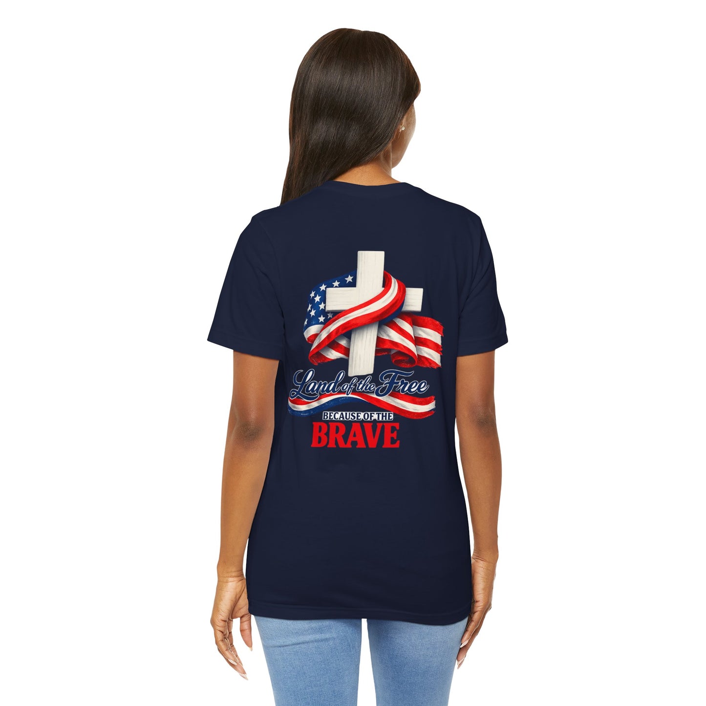 Land of the Free Because of the Brave Tee - Patriotic American Flag Cross T-Shirt