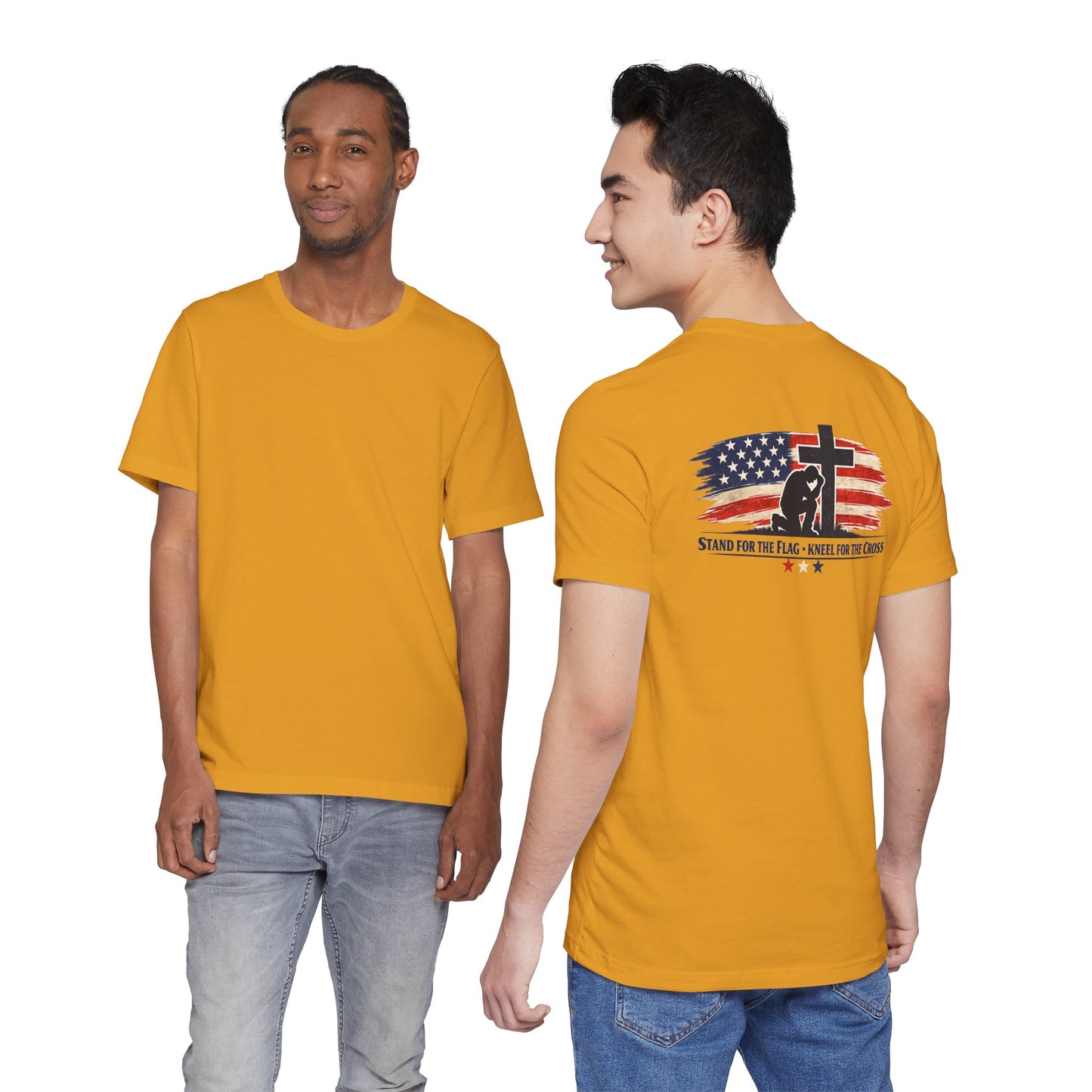 Patriotic Cross Tee – "Stand for the Flag, Kneel for the Cross" Short Sleeve T-Shirt