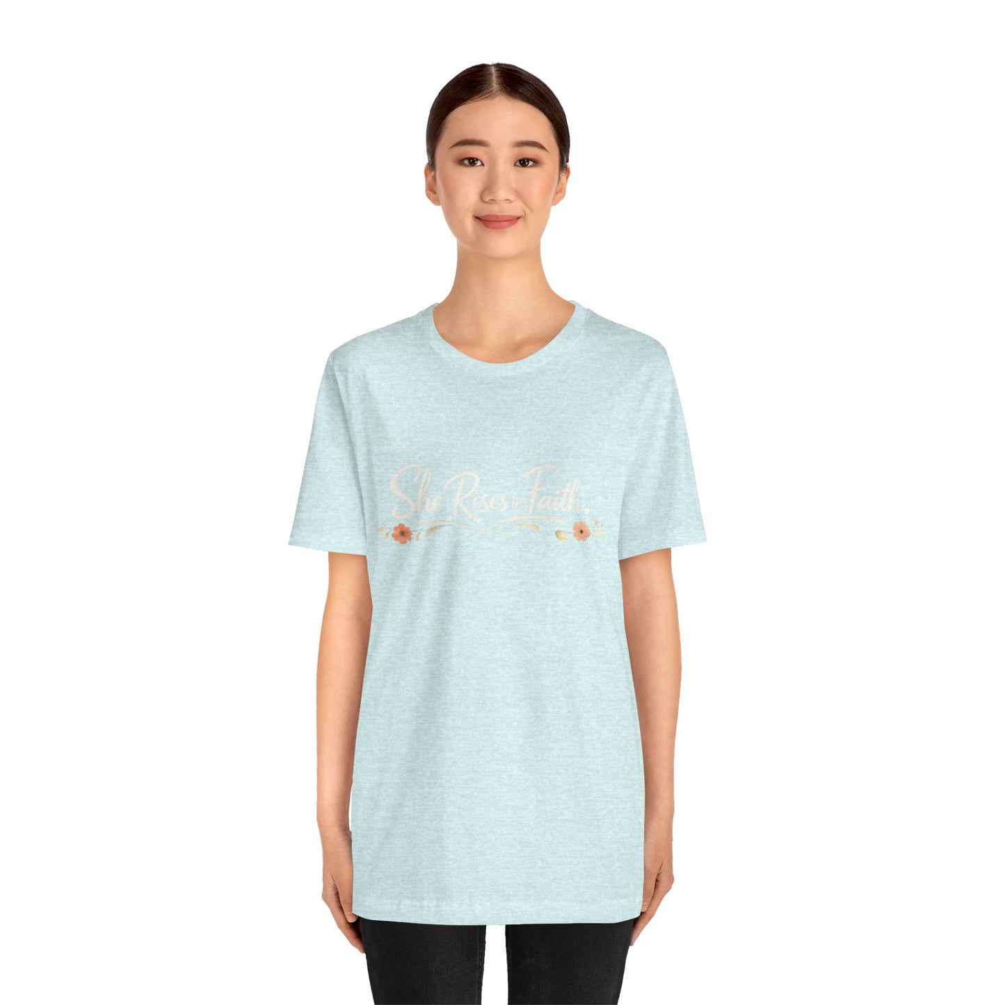 "She Rises In Faith" Chest Tee – Delicate Peach Blossom Graphic