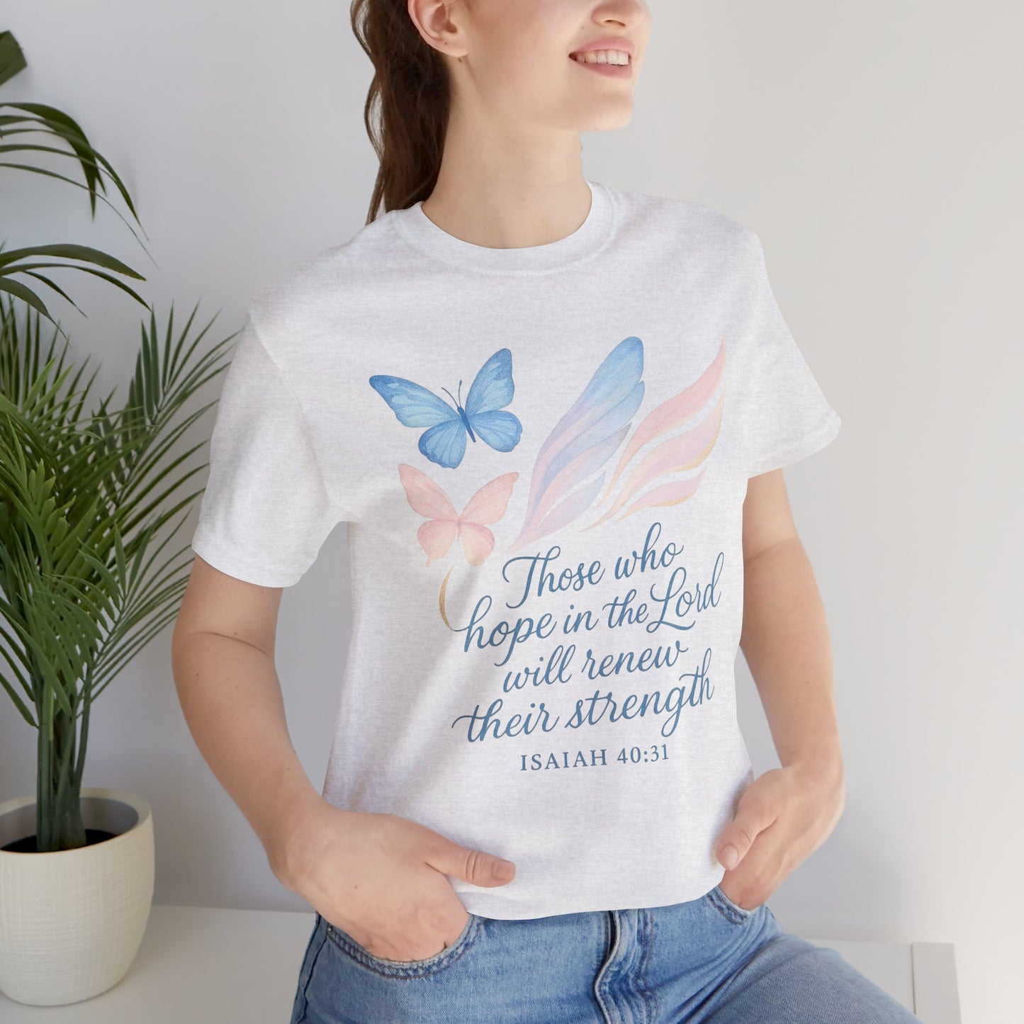 Inspirational Scripture T-Shirt – "Those Who Hope in the Lord" Isaiah 40:31, Pastel Butterflies