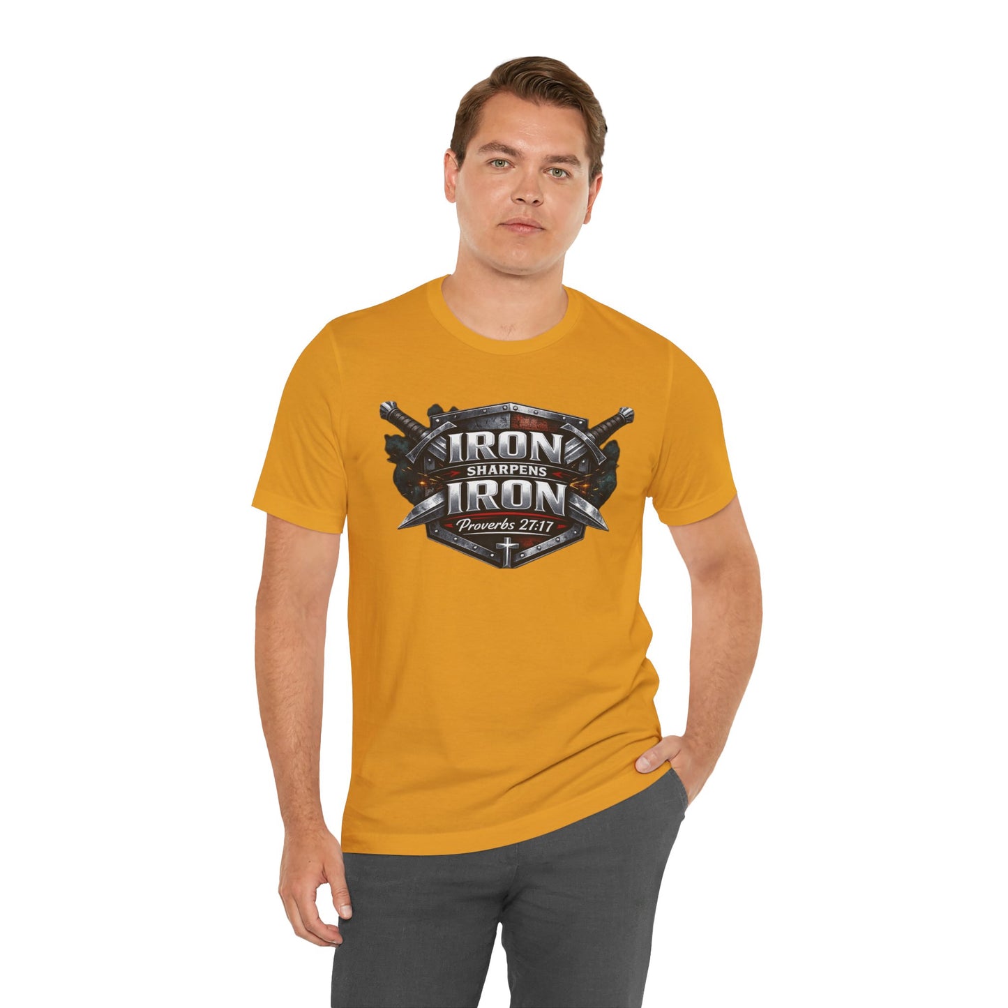 Iron Sharpens Iron T-Shirt — Faith-Based Proverbs 27:17 Graphic Tee