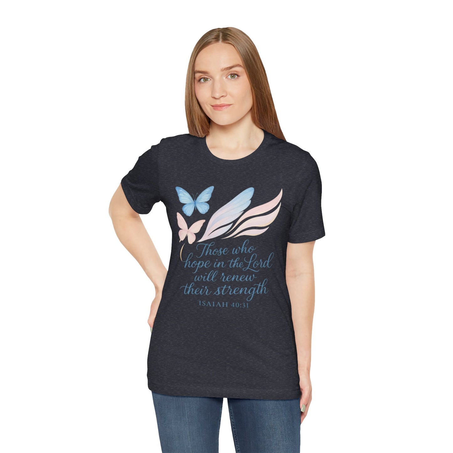 Inspirational Scripture T-Shirt – "Those Who Hope in the Lord" Isaiah 40:31, Pastel Butterflies
