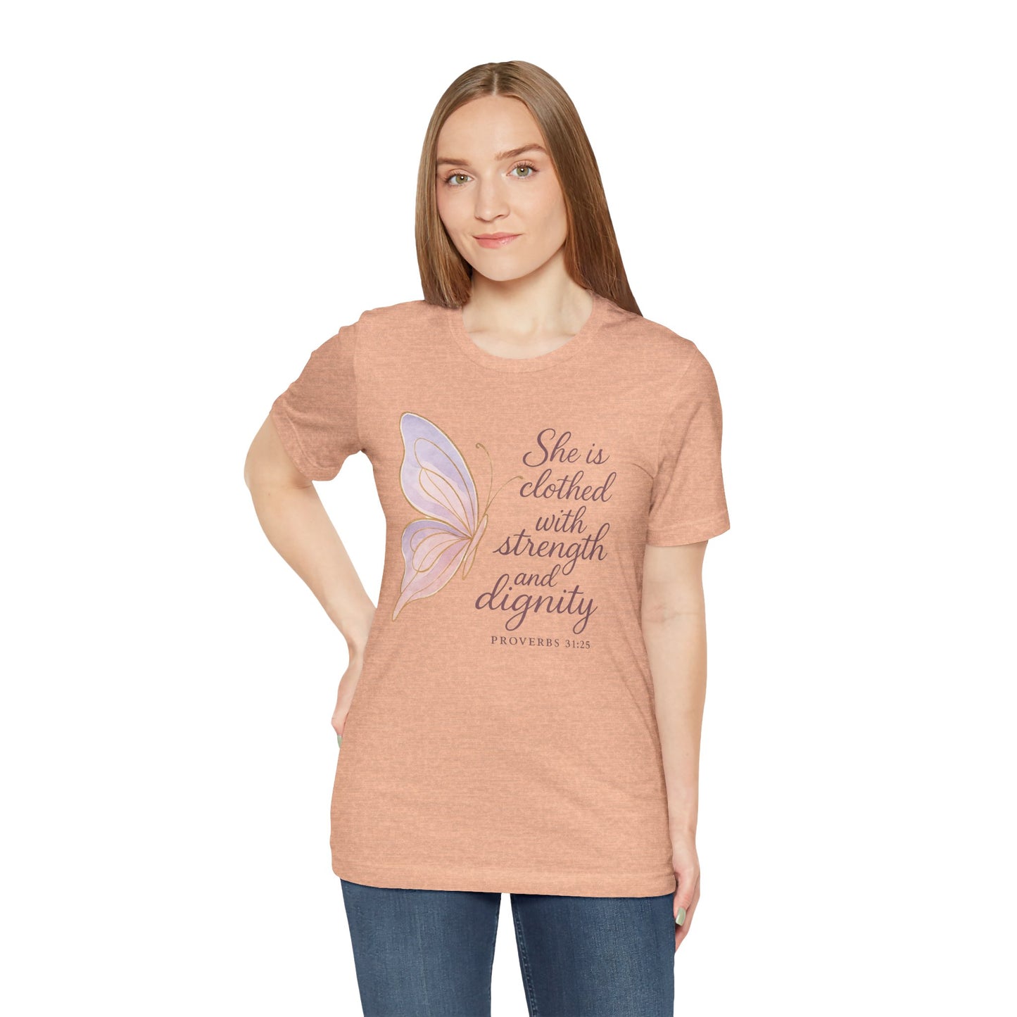 Inspirational "She is clothed with strength and dignity" Butterfly T-Shirt