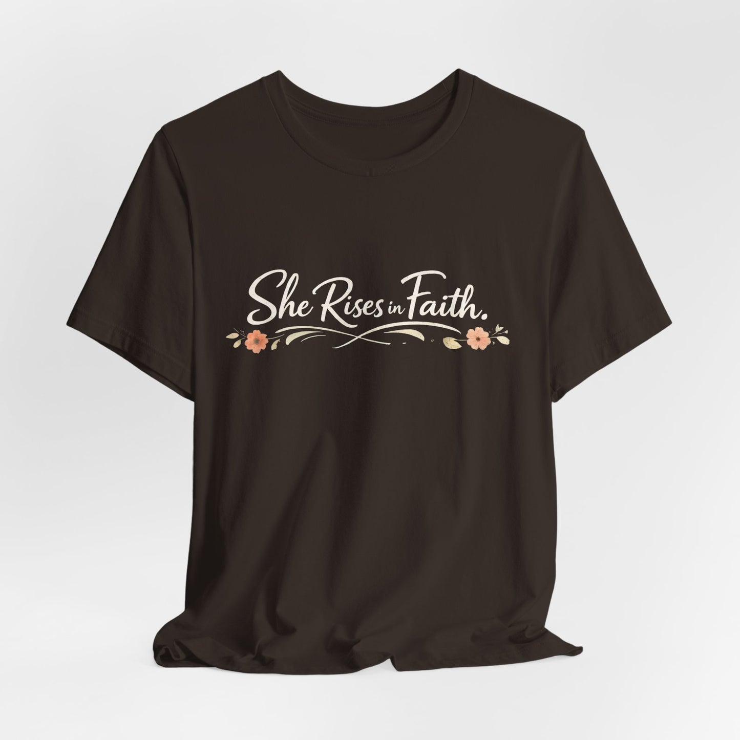 "She Rises In Faith" Chest Tee – Delicate Peach Blossom Graphic