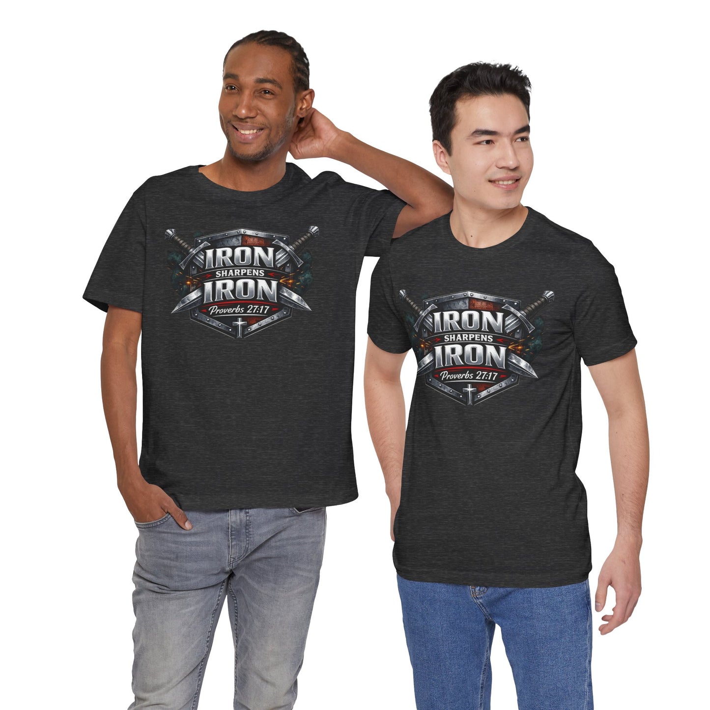 Iron Sharpens Iron T-Shirt — Faith-Based Proverbs 27:17 Graphic Tee