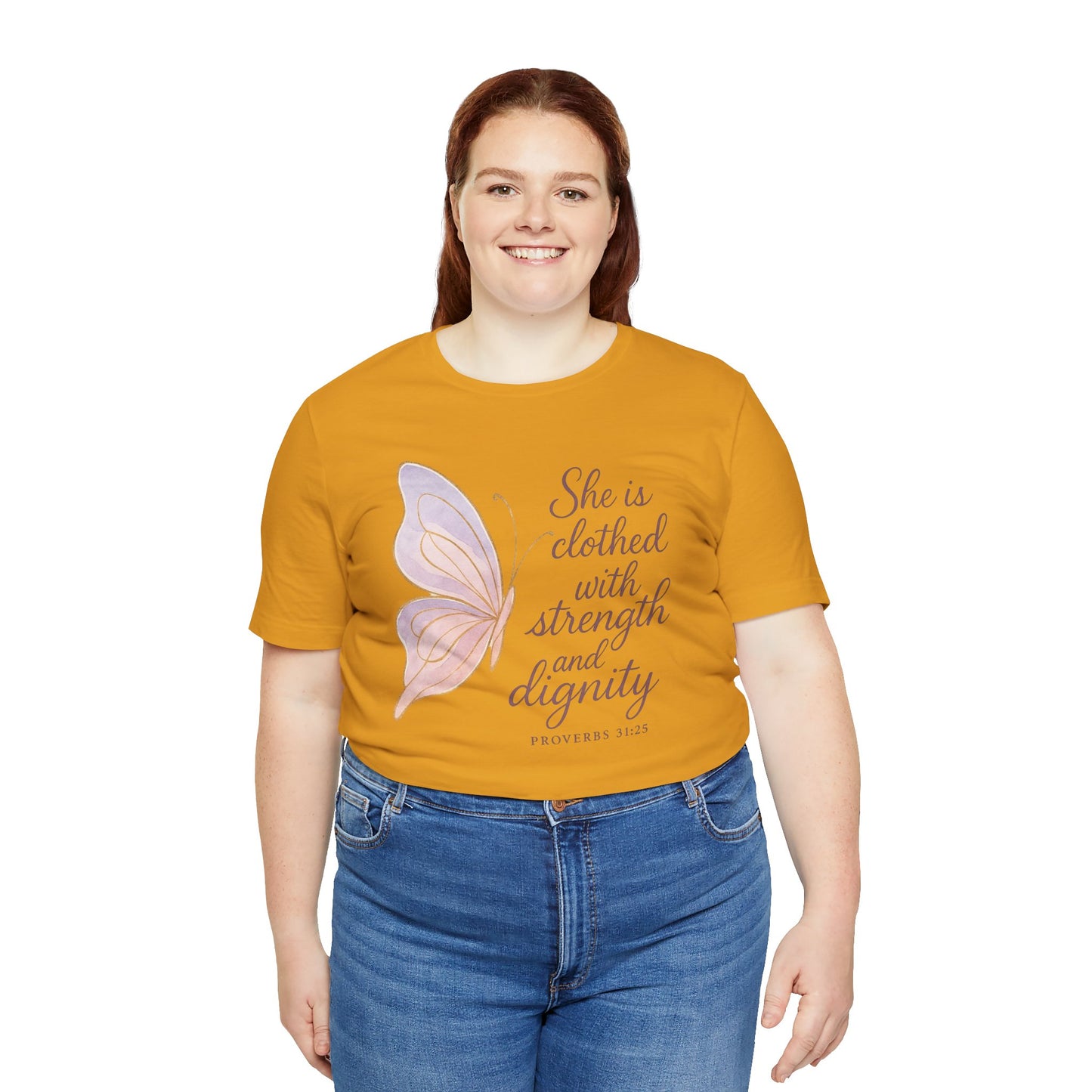 Inspirational "She is clothed with strength and dignity" Butterfly T-Shirt