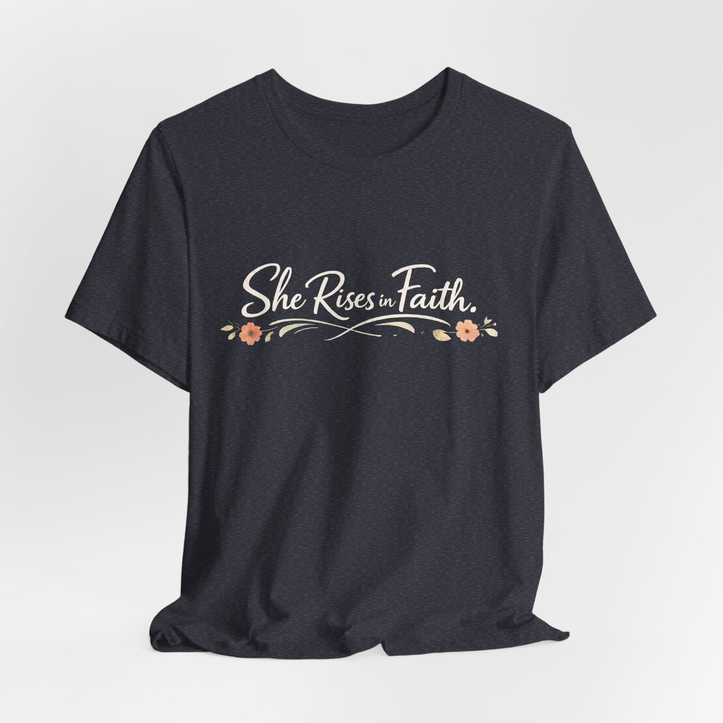 "She Rises In Faith" Chest Tee – Delicate Peach Blossom Graphic