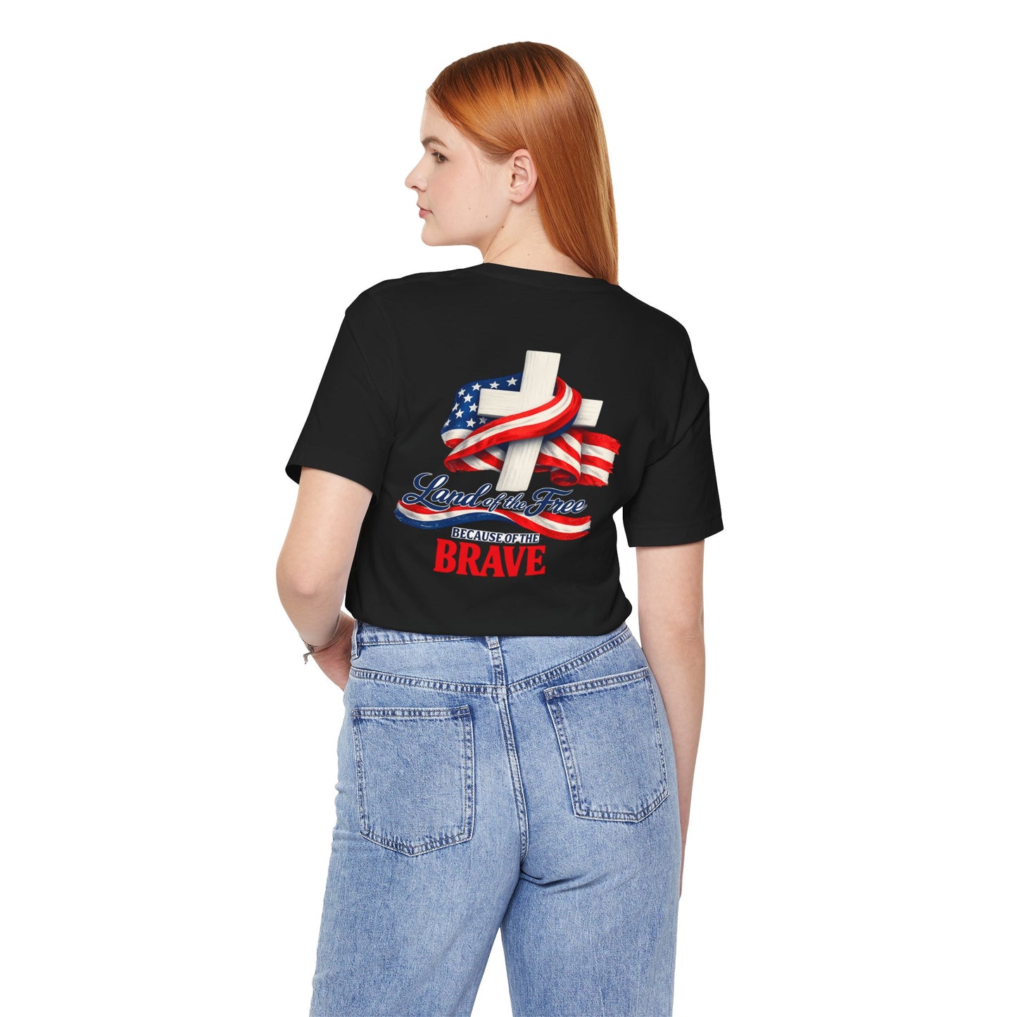 Land of the Free Because of the Brave Tee - Patriotic American Flag Cross T-Shirt