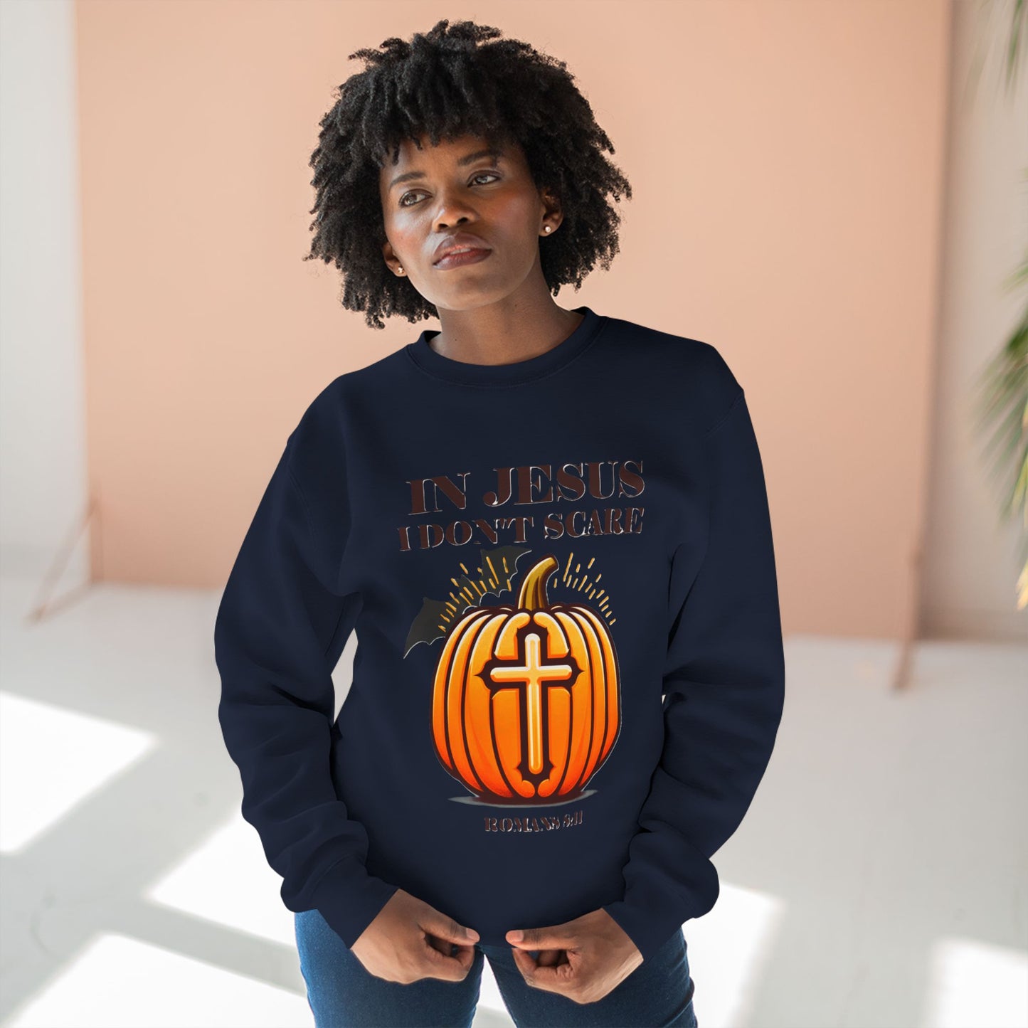 Christian Unisex Crewneck Sweatshirt with Bible Verse Romans 8:11 'IN JESUS I DON'T SCARE'