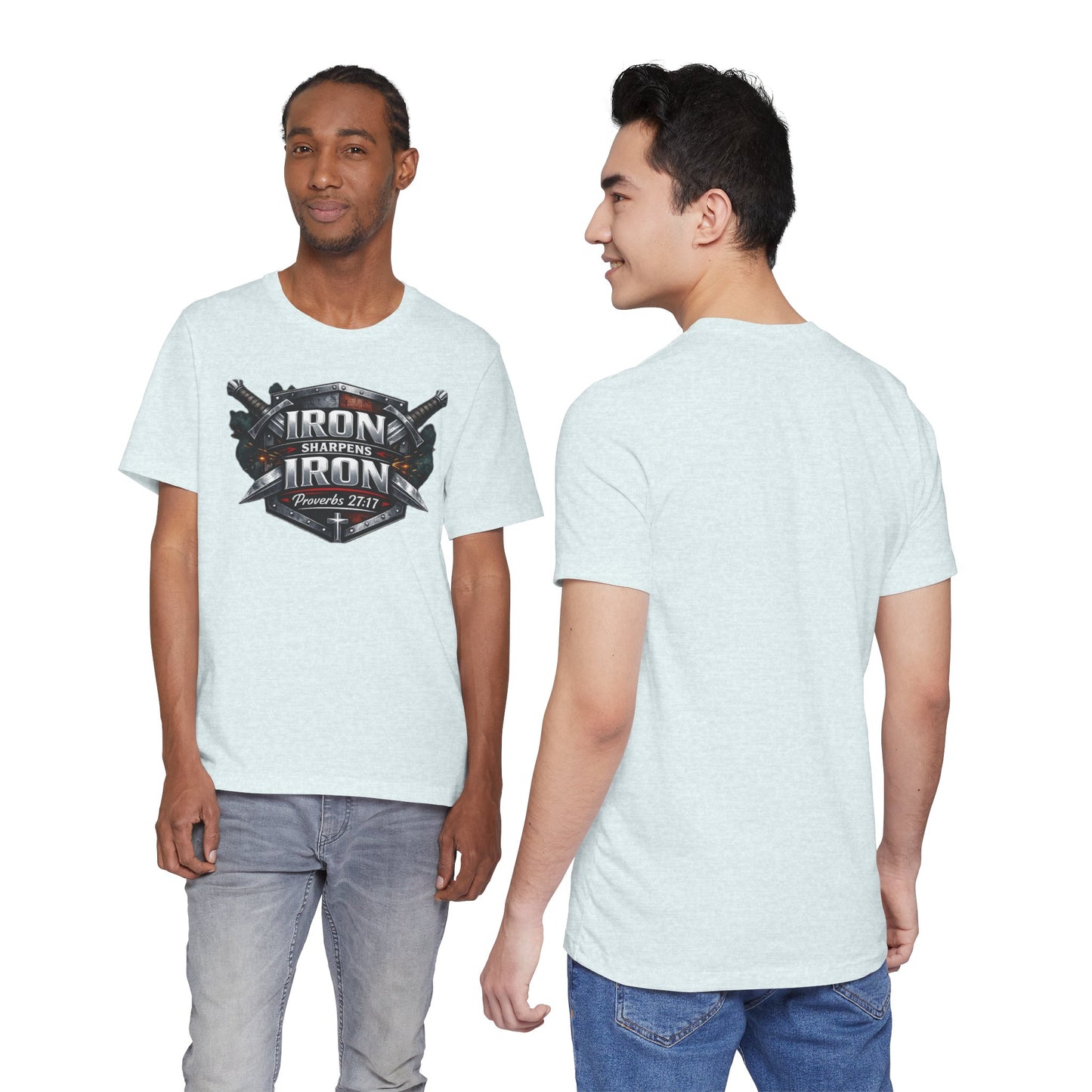 Iron Sharpens Iron T-Shirt — Faith-Based Proverbs 27:17 Graphic Tee