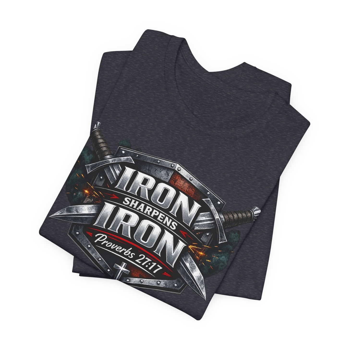 Iron Sharpens Iron T-Shirt — Faith-Based Proverbs 27:17 Graphic Tee