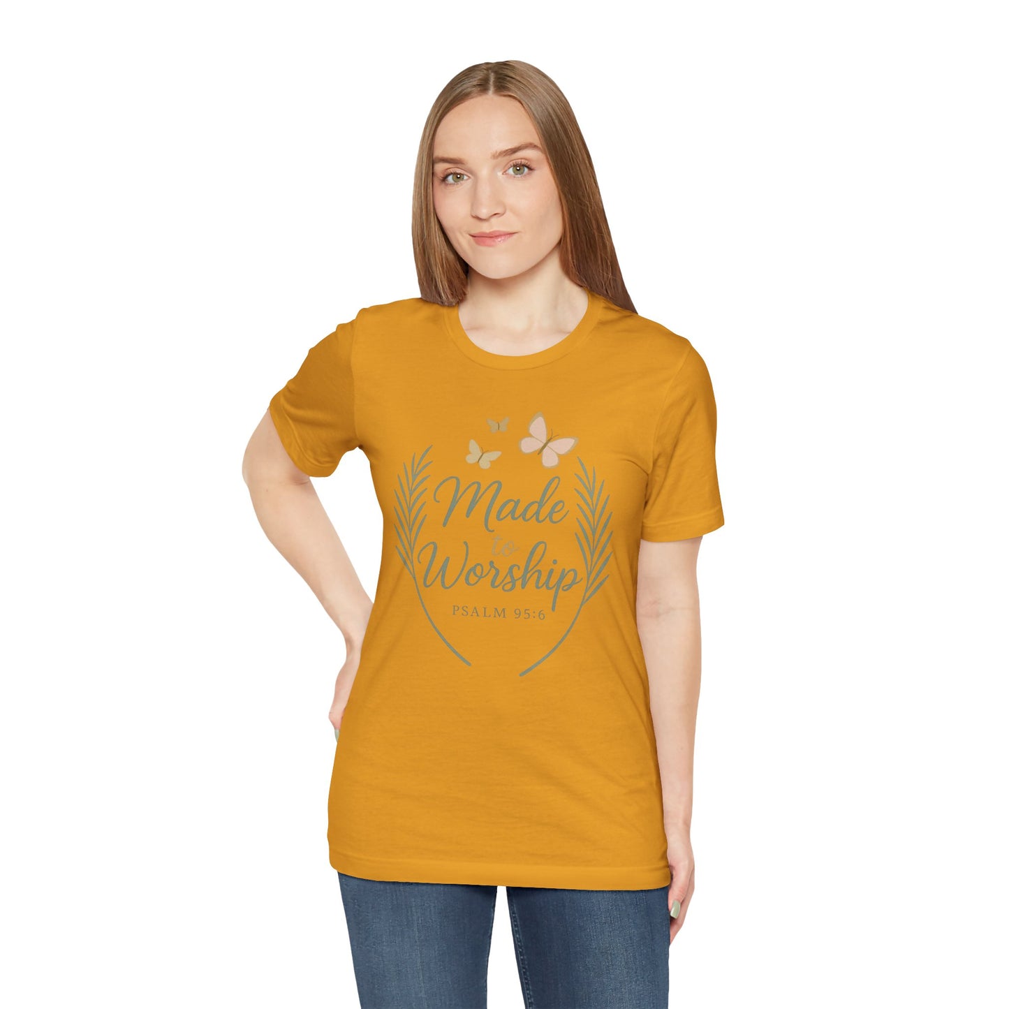 Made to Worship T-Shirt – Psalm 95:6 Christian Faith Tee with Butterflies