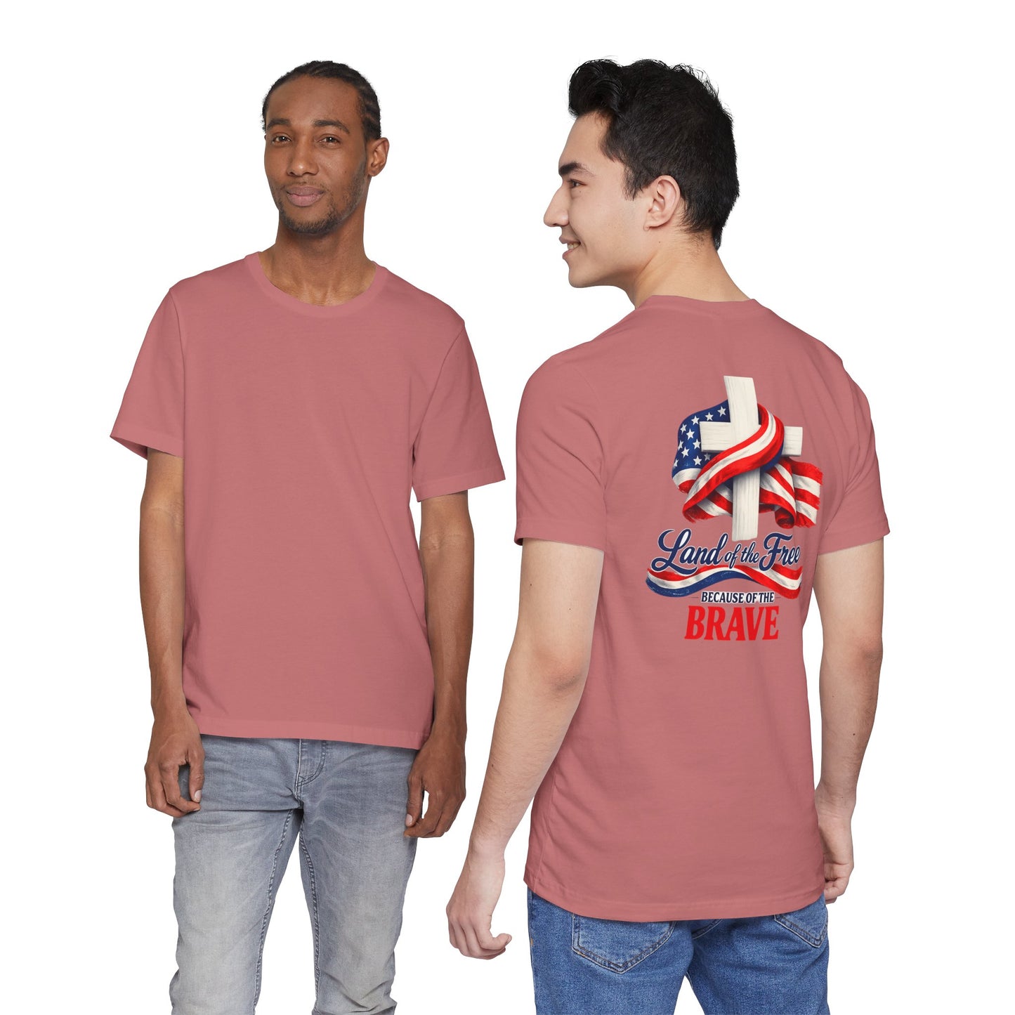 Land of the Free Because of the Brave Tee - Patriotic American Flag Cross T-Shirt