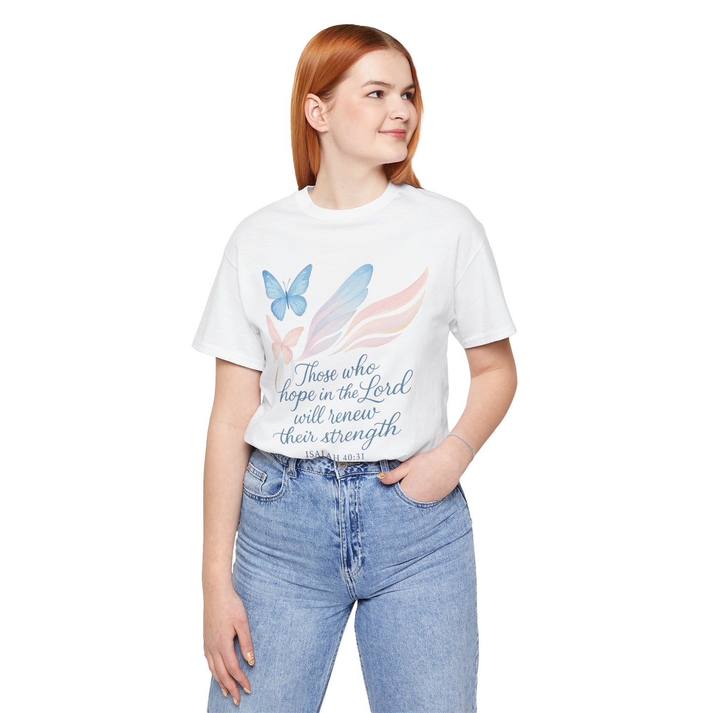 Inspirational Scripture T-Shirt – "Those Who Hope in the Lord" Isaiah 40:31, Pastel Butterflies